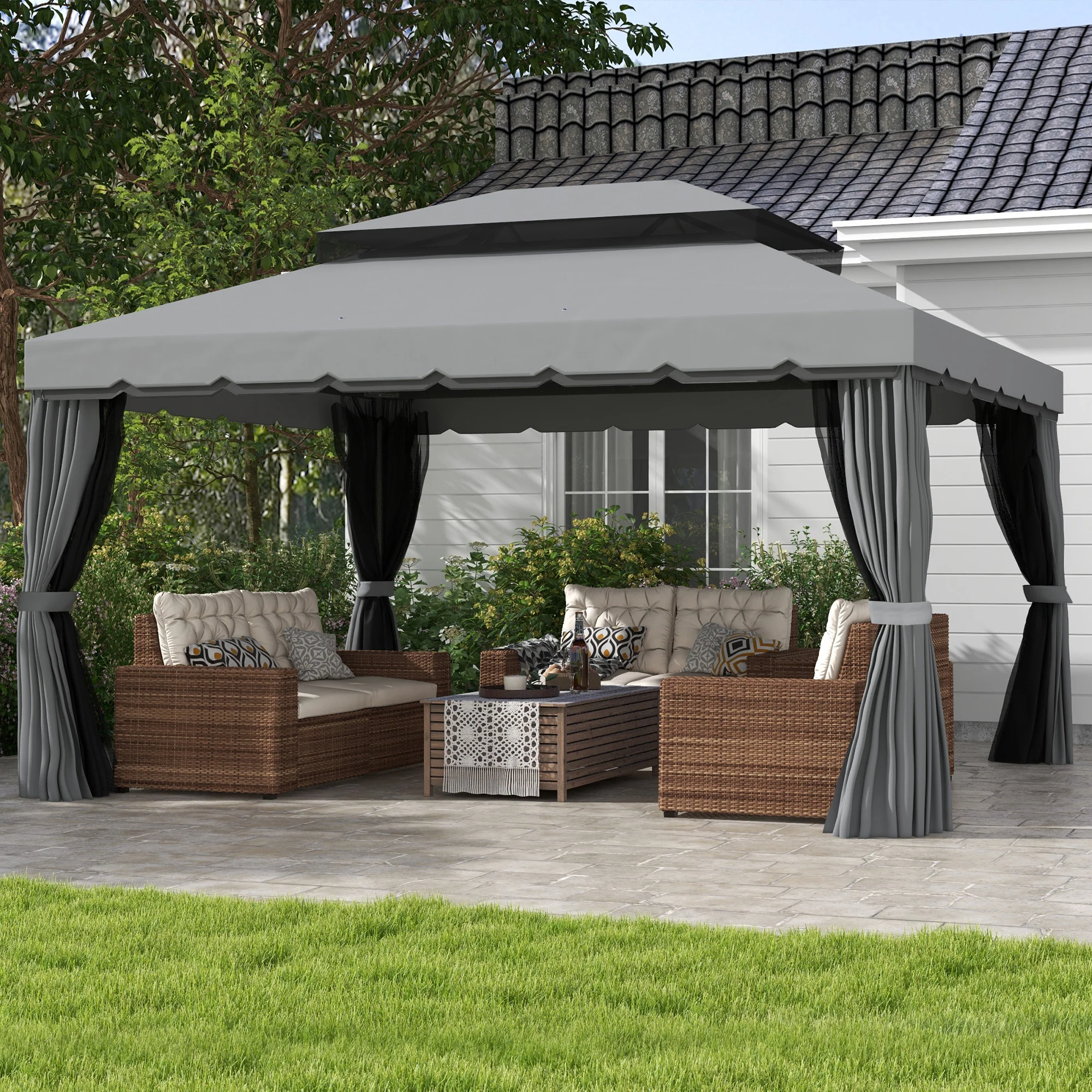 3 x 4m Aluminium Garden Gazebo, Pavilion Party Tent with Nets and Curtains, Light Grey - Image 3