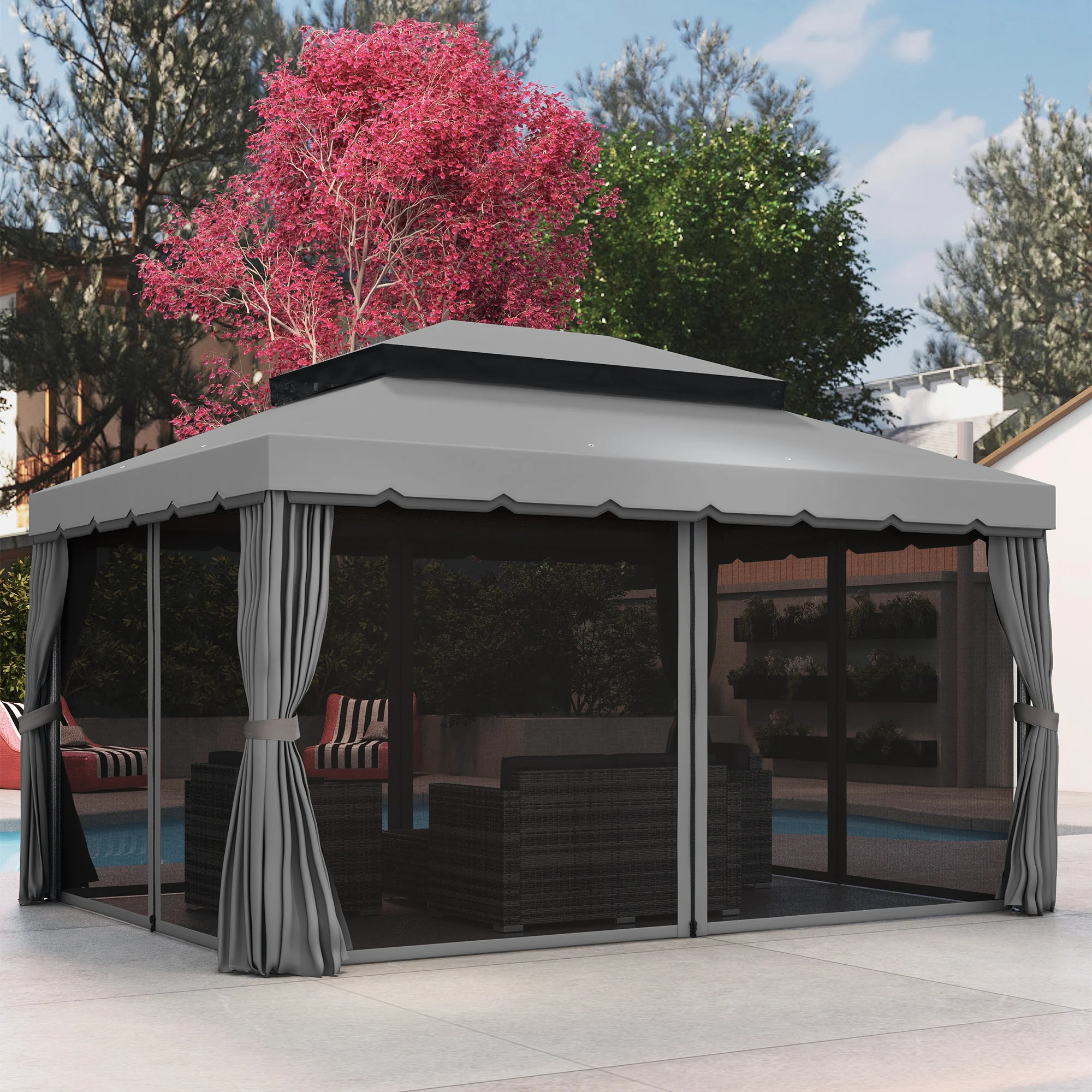 3 x 4m Aluminium Garden Gazebo, Pavilion Party Tent with Nets and Curtains, Light Grey - Image 4
