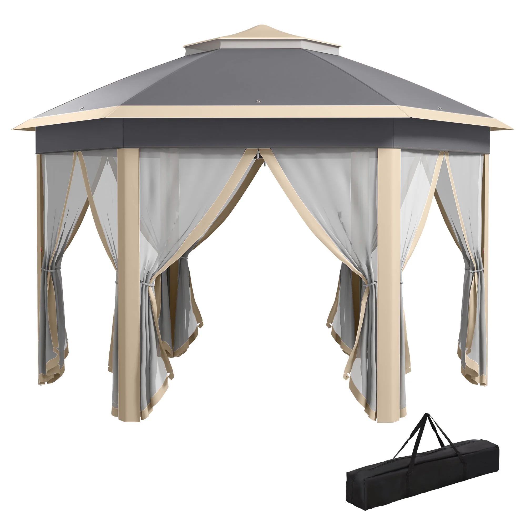 3 x 4m Pop Up Gazebo, Double-roof Garden Tent with Netting & Carry Bag for Patio, Khaki