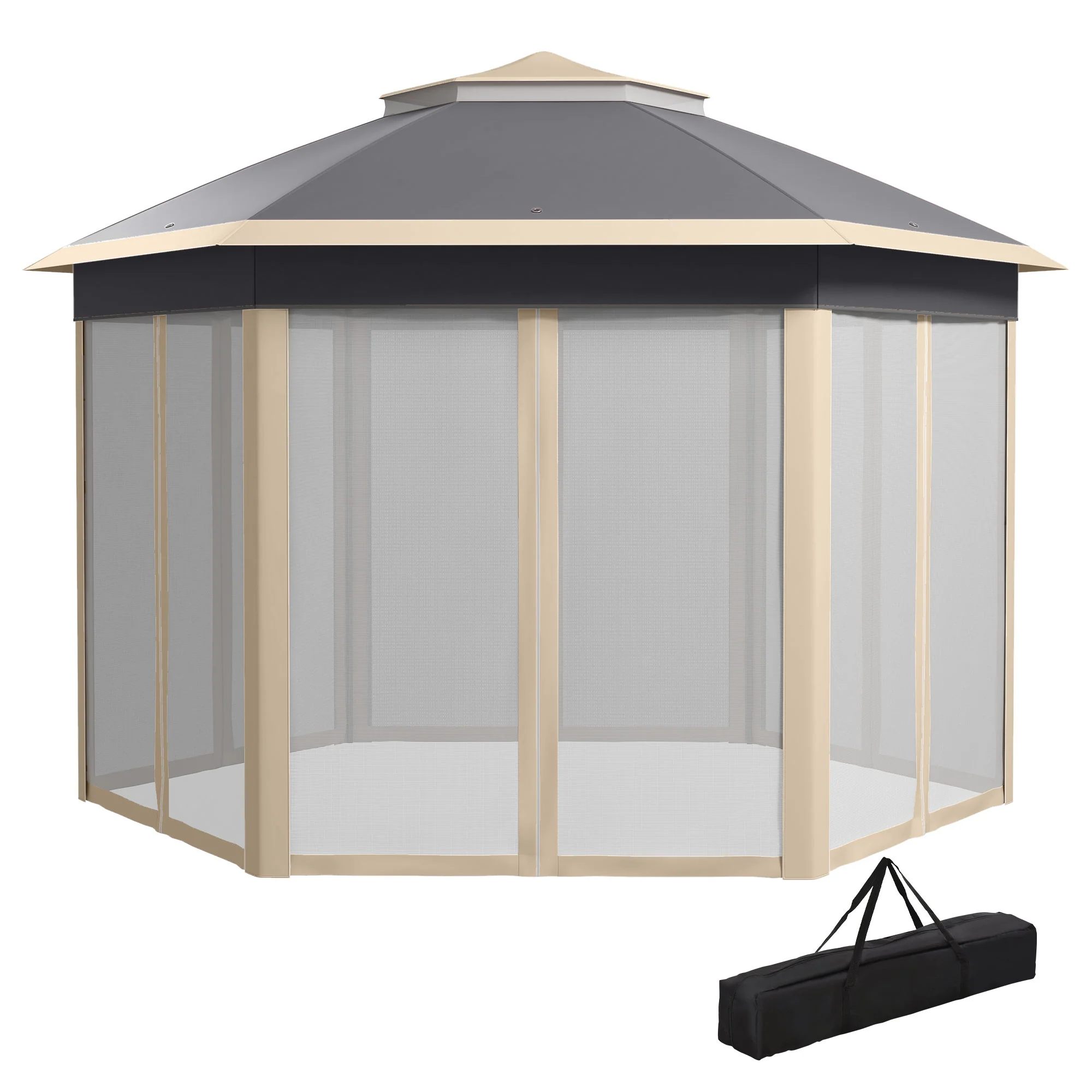3 x 4m Pop Up Gazebo, Double-roof Garden Tent with Netting & Carry Bag for Patio, Khaki - Image 2