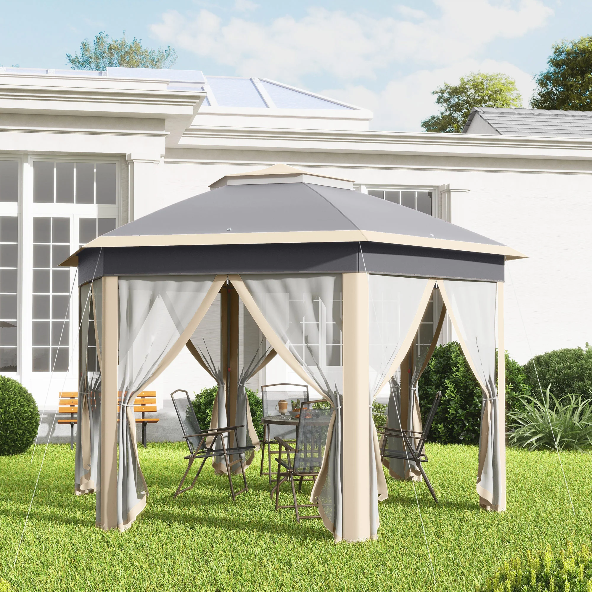 3 x 4m Pop Up Gazebo, Double-roof Garden Tent with Netting & Carry Bag for Patio, Khaki - Image 3