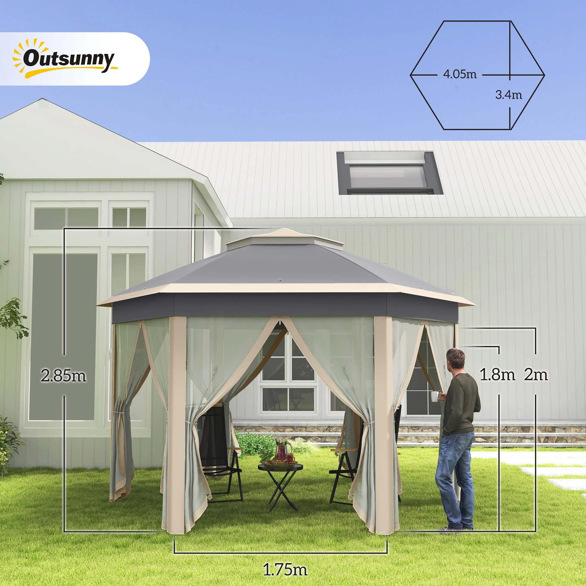 3 x 4m Pop Up Gazebo, Double-roof Garden Tent with Netting & Carry Bag for Patio, Khaki - Image 5