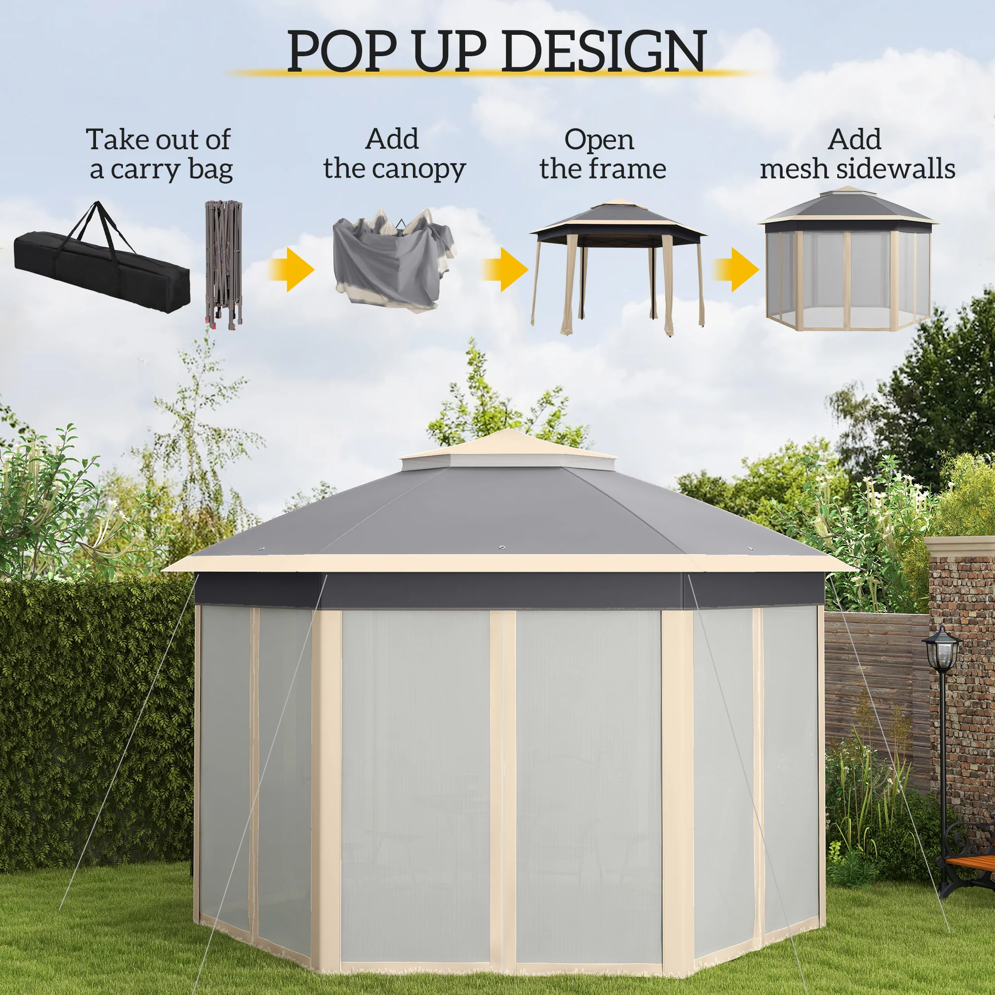 3 x 4m Pop Up Gazebo, Double-roof Garden Tent with Netting & Carry Bag for Patio, Khaki - Image 6