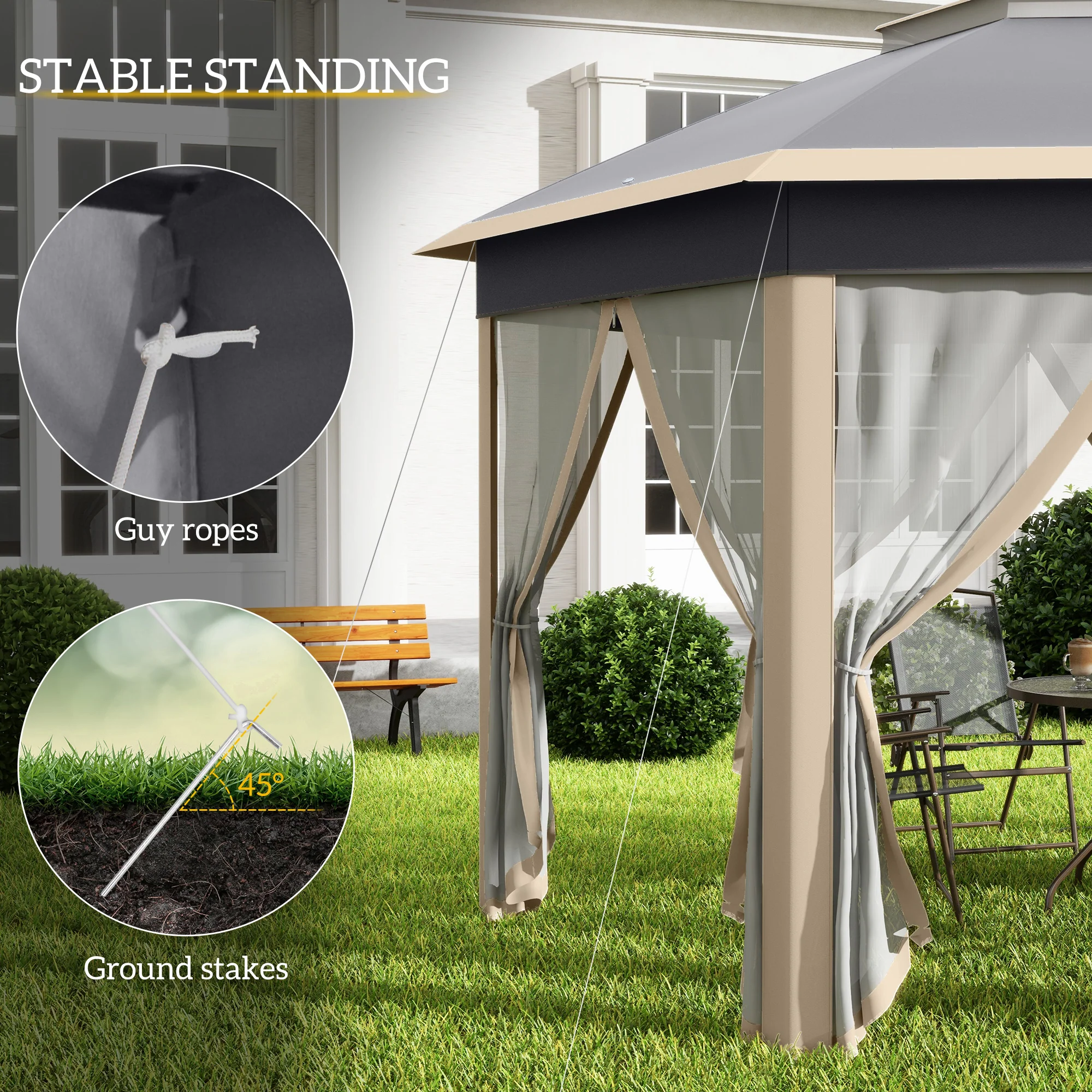 3 x 4m Pop Up Gazebo, Double-roof Garden Tent with Netting & Carry Bag for Patio, Khaki - Image 8