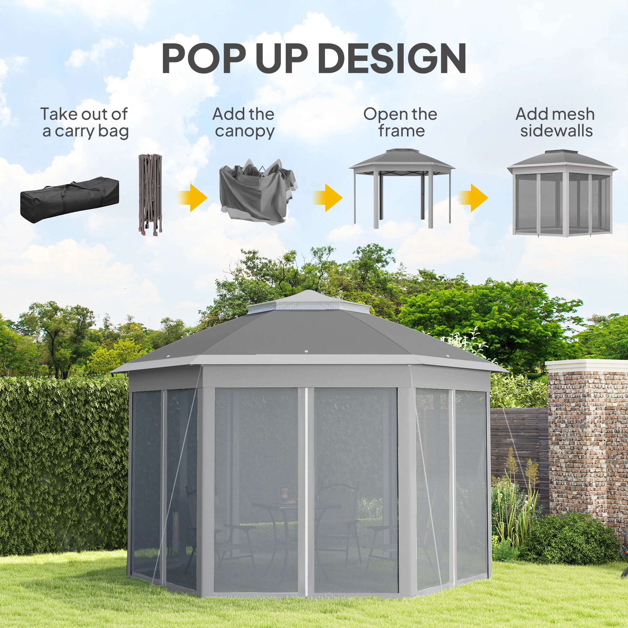 3 x 4m Pop Up Gazebo, Double-roof Garden Tent with Netting & Carry Bag for Patio, Dark Grey - Image 6