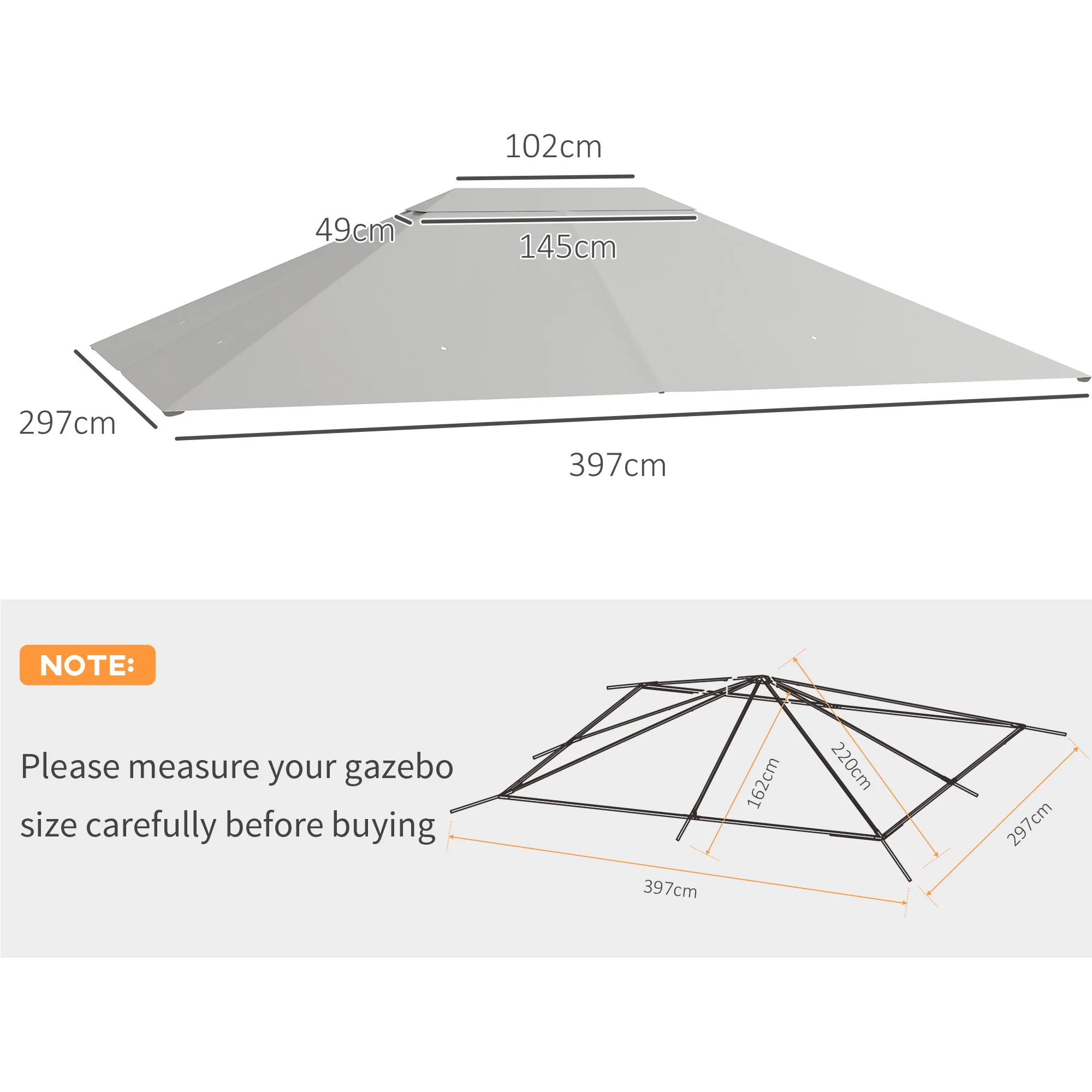 3 x 4m Waterproof Gazebo Canopy Replacement Cover with Vents & Drain Holes, Light Grey - Image 5