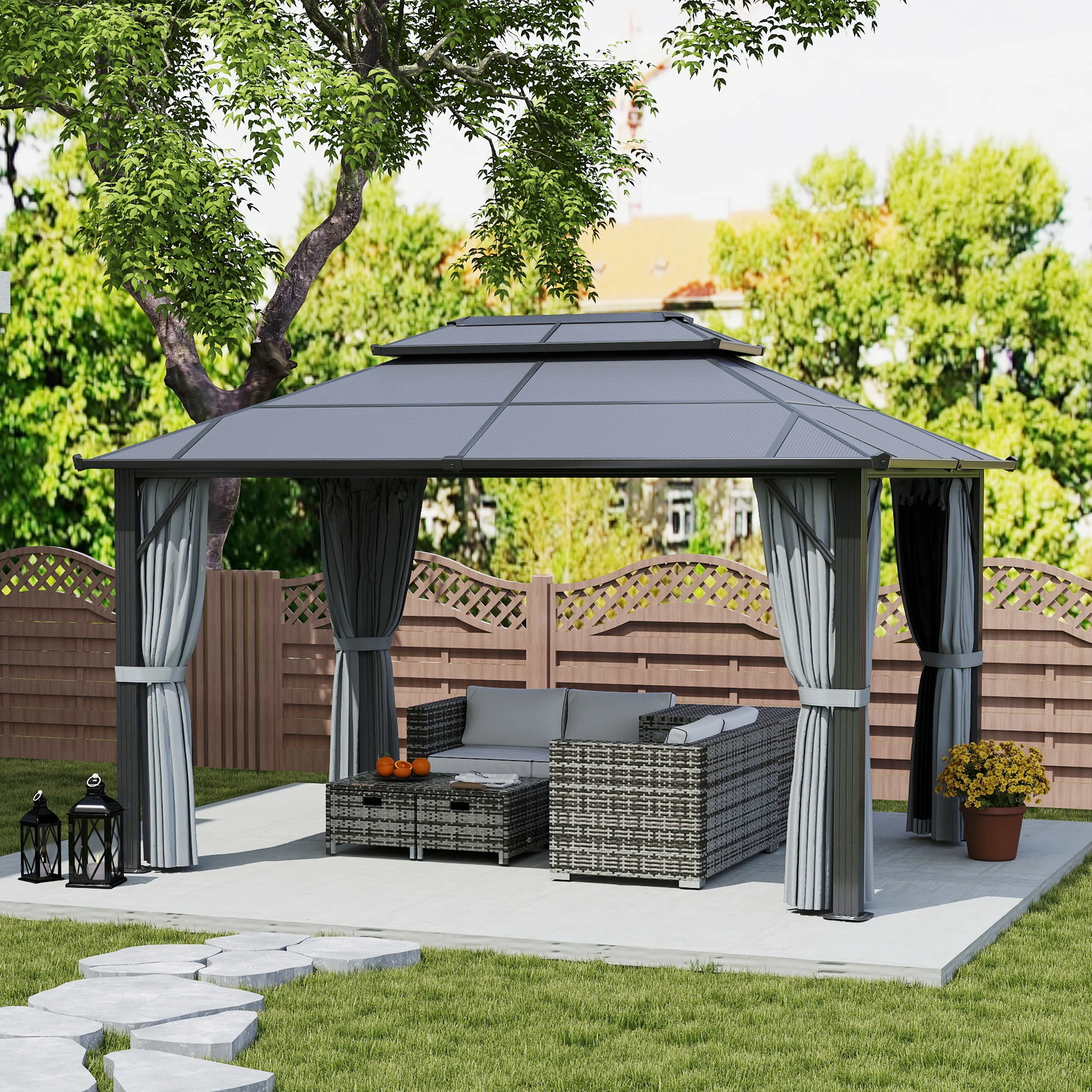 3 x 4m Aluminium Frame Hardtop Gazebo with Double Polycarbonate Roof, Grey - Image 10