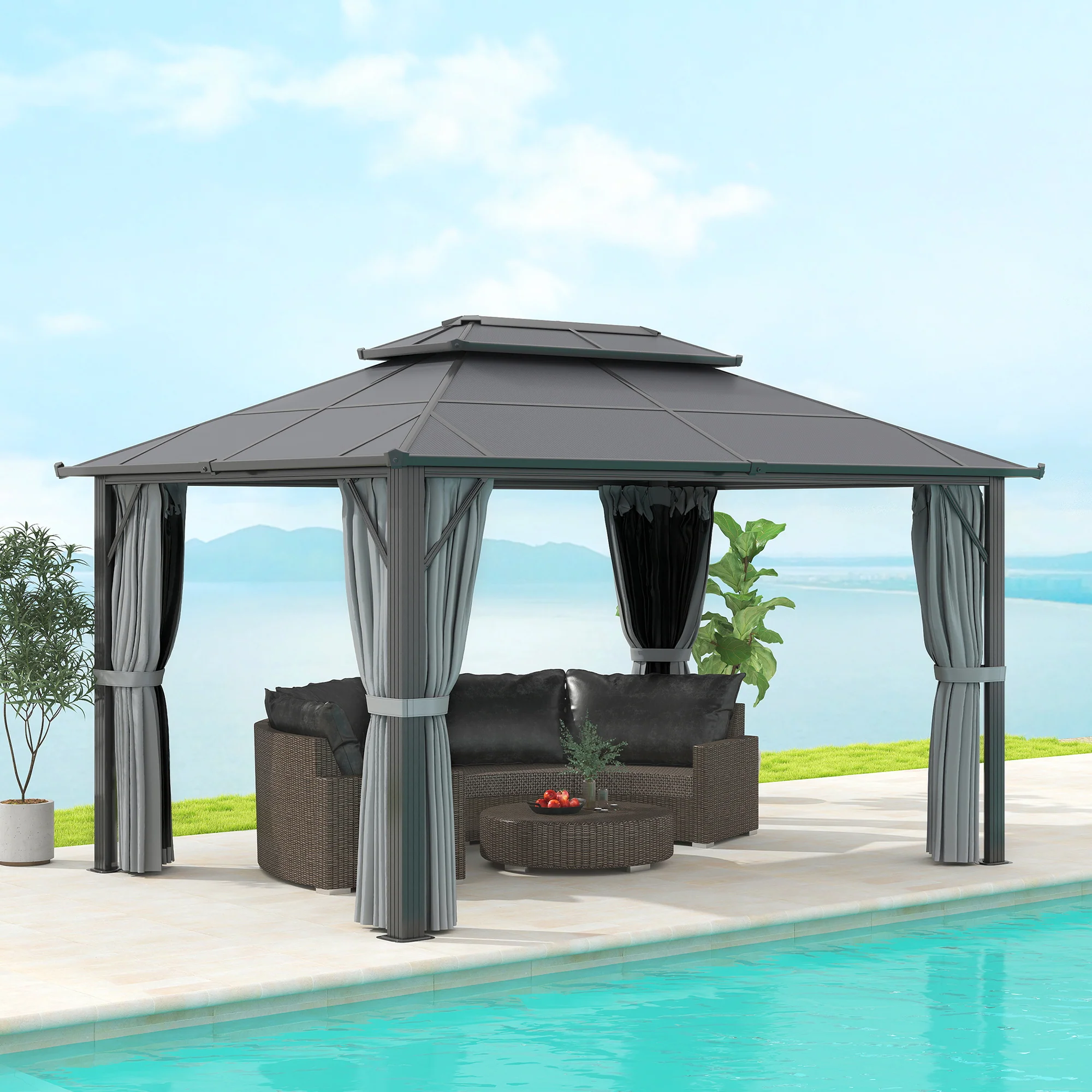 3 x 4m Aluminium Frame Hardtop Gazebo with Double Polycarbonate Roof, Grey - Image 3