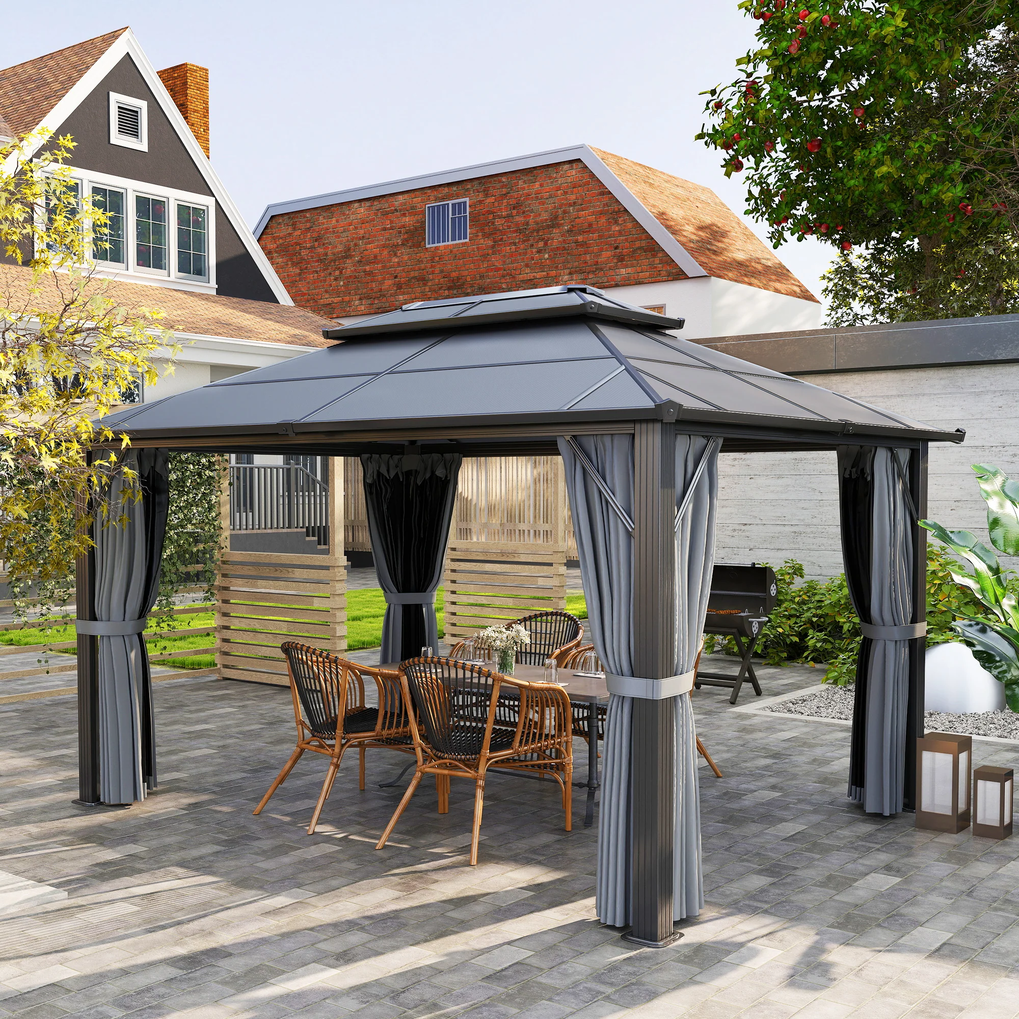 3 x 4m Aluminium Frame Hardtop Gazebo with Double Polycarbonate Roof, Grey - Image 4