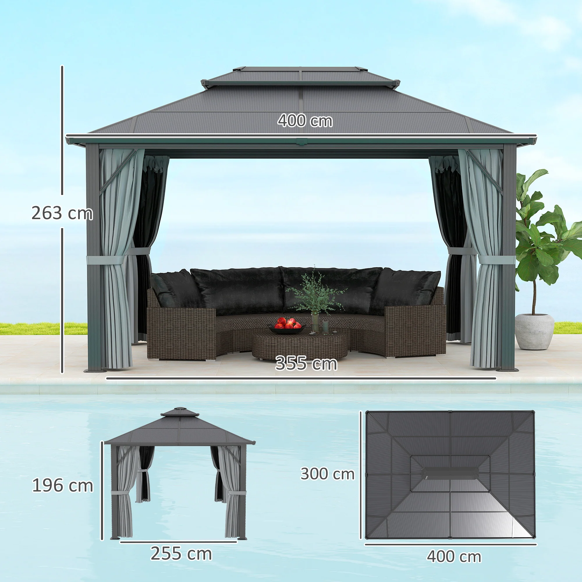 3 x 4m Aluminium Frame Hardtop Gazebo with Double Polycarbonate Roof, Grey - Image 5