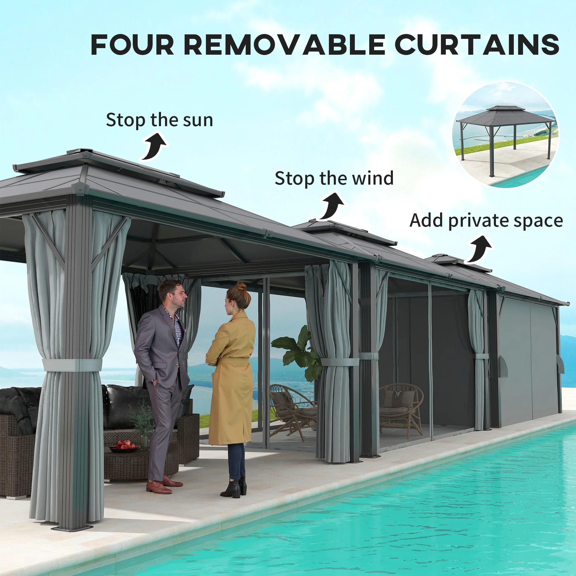 3 x 4m Aluminium Frame Hardtop Gazebo with Double Polycarbonate Roof, Grey - Image 8