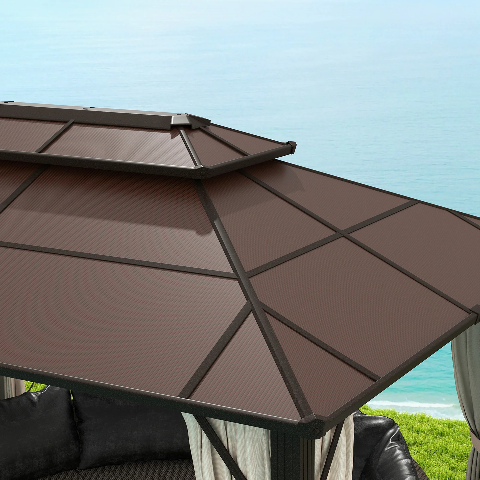 3 x 4m Aluminium Frame Hardtop Gazebo with Double Polycarbonate Roof, Beige - Image 10