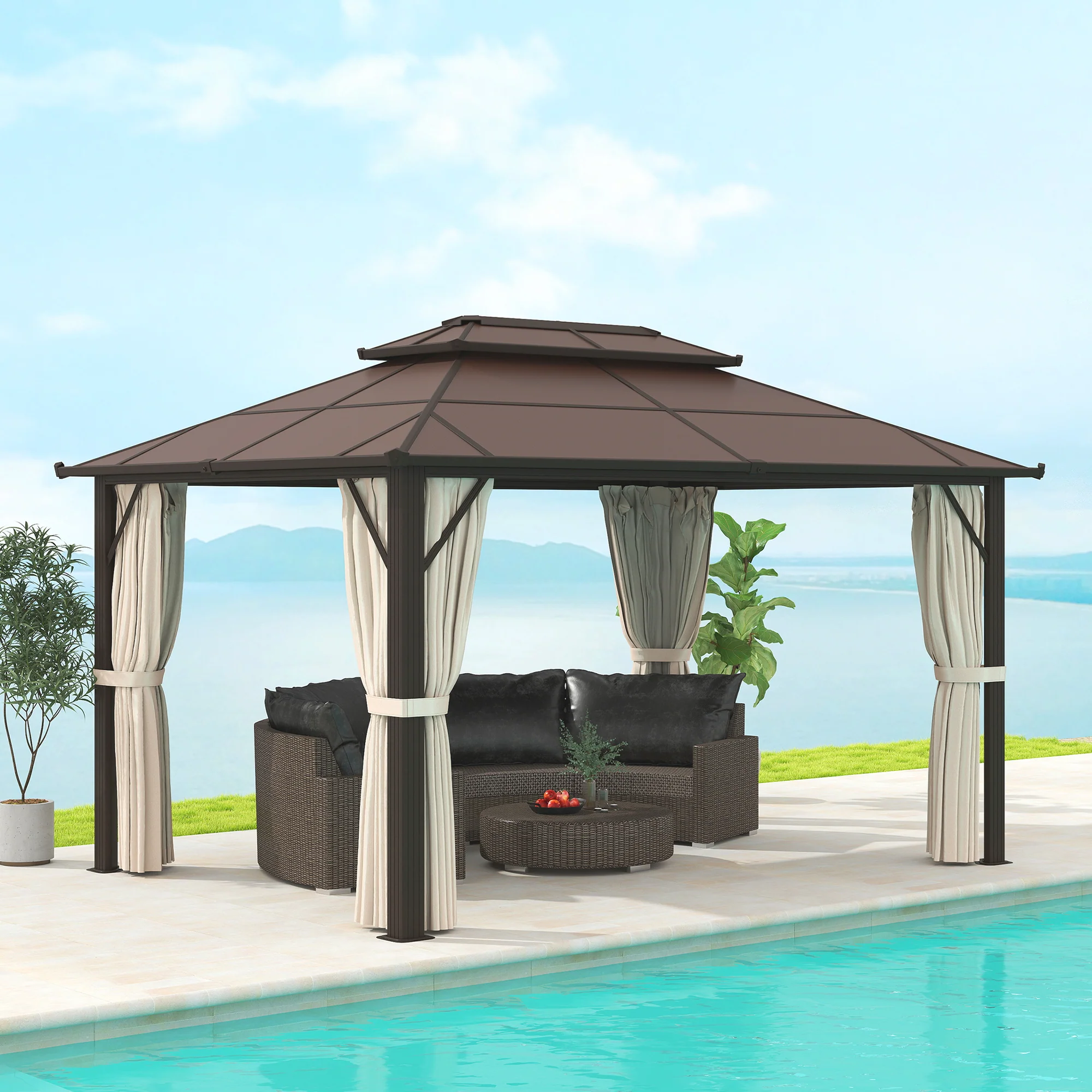 3 x 4m Aluminium Frame Hardtop Gazebo with Double Polycarbonate Roof, Beige - Image 3