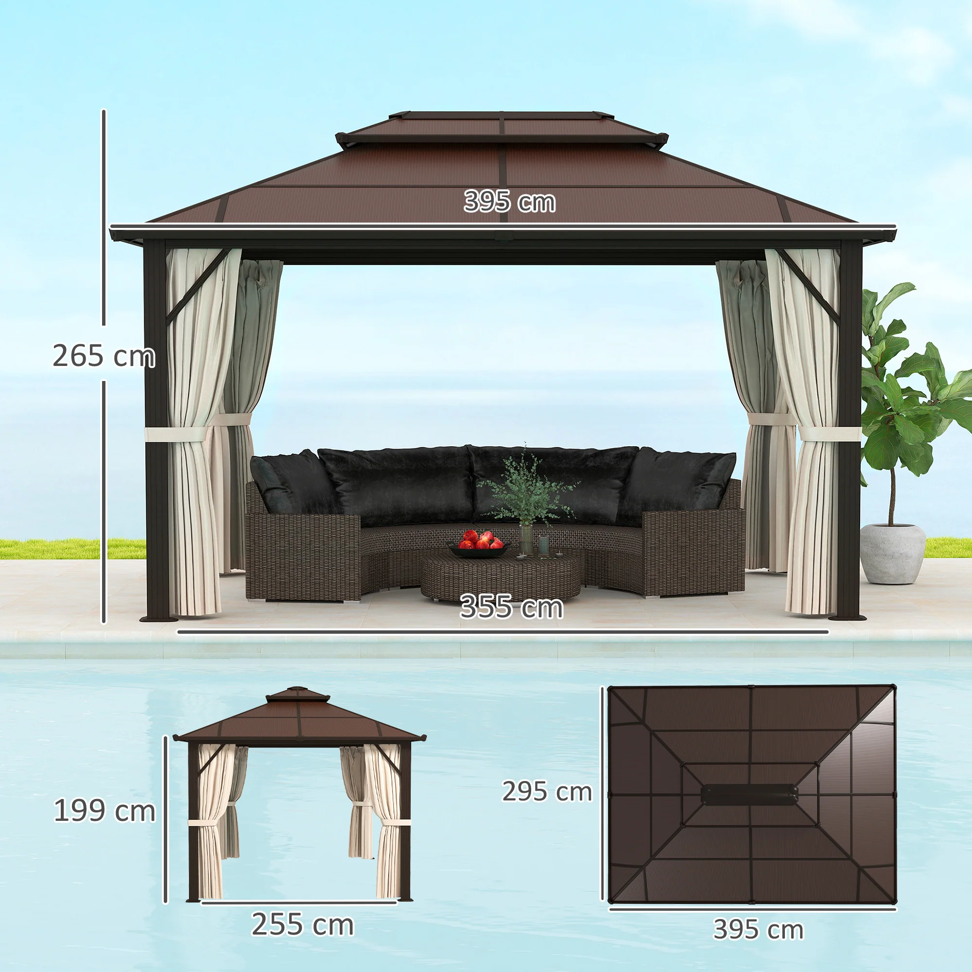 3 x 4m Aluminium Frame Hardtop Gazebo with Double Polycarbonate Roof, Beige - Image 5