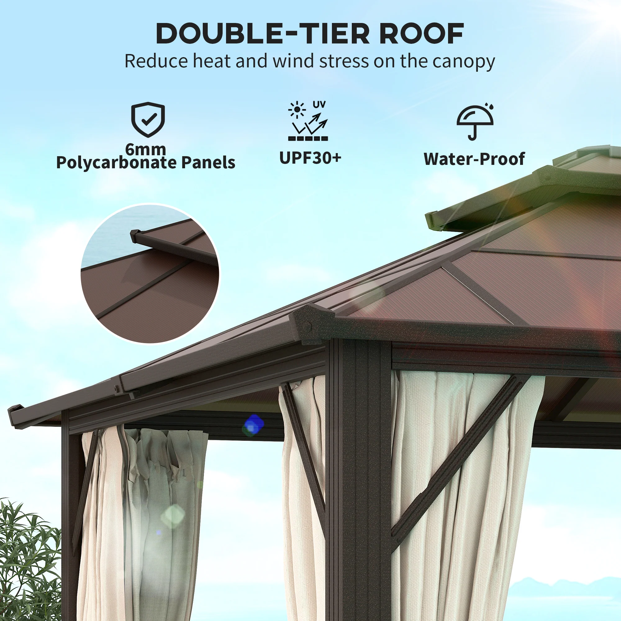 3 x 4m Aluminium Frame Hardtop Gazebo with Double Polycarbonate Roof, Beige - Image 6