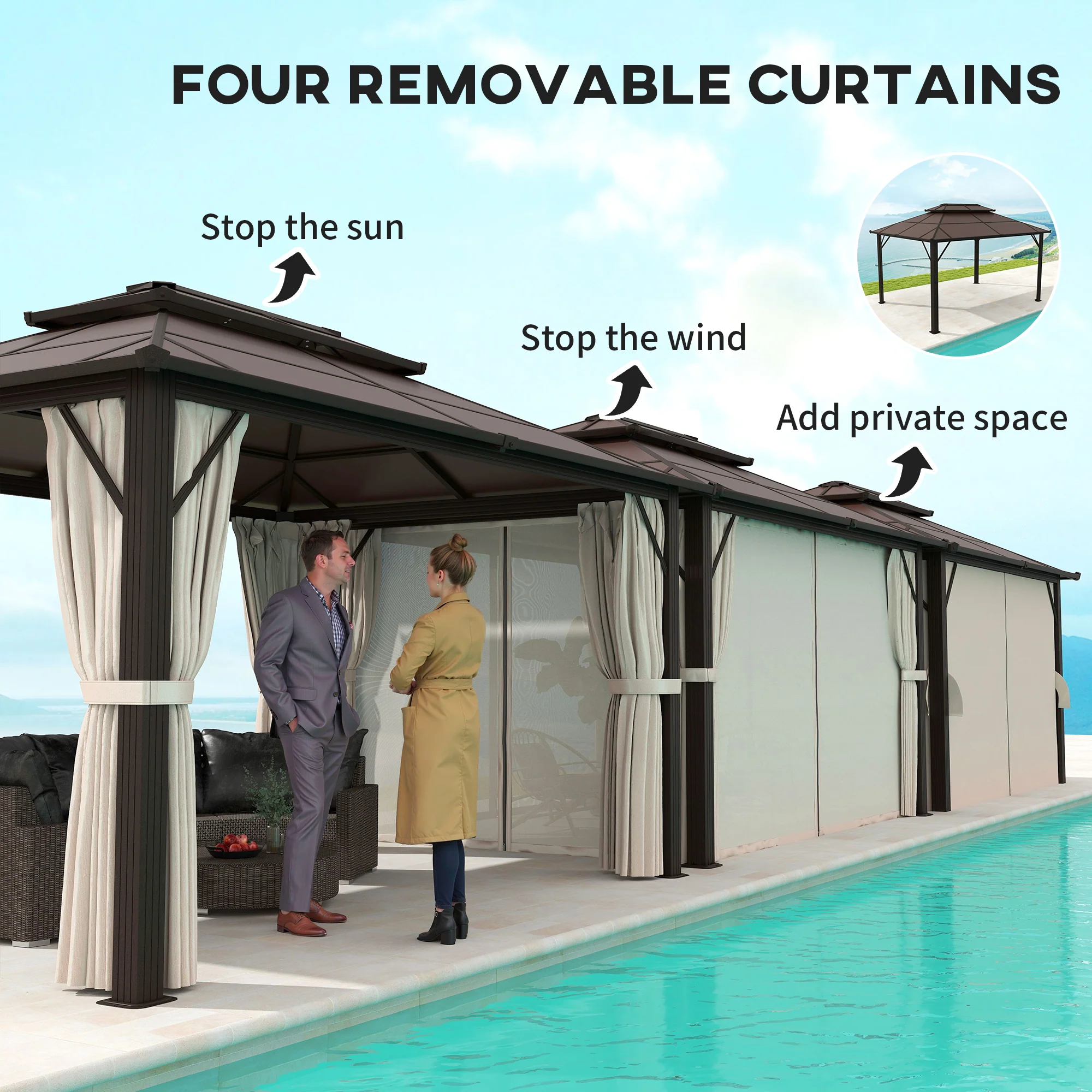 3 x 4m Aluminium Frame Hardtop Gazebo with Double Polycarbonate Roof, Beige - Image 8