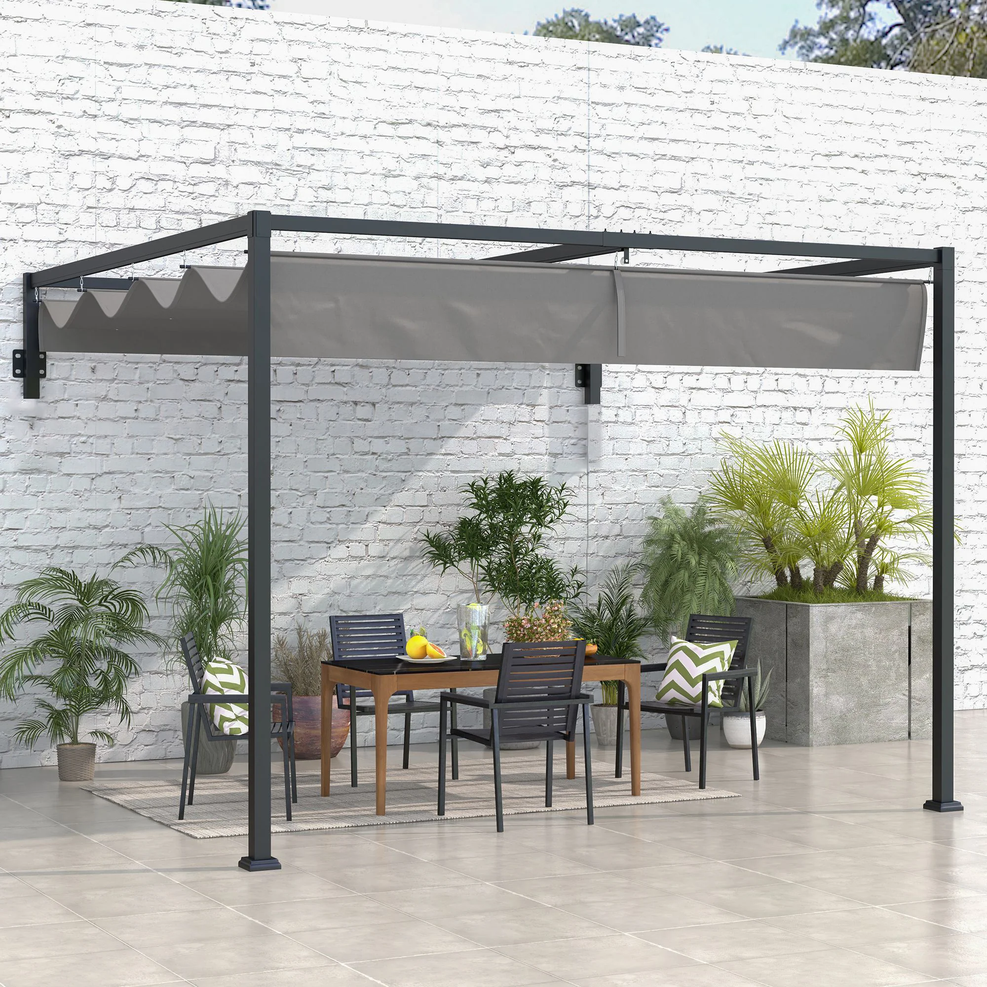 3 x 4m Lean To Pergola with Retractable Roof, Wall Mounted Garden Gazebo, Dark Grey - Image 4