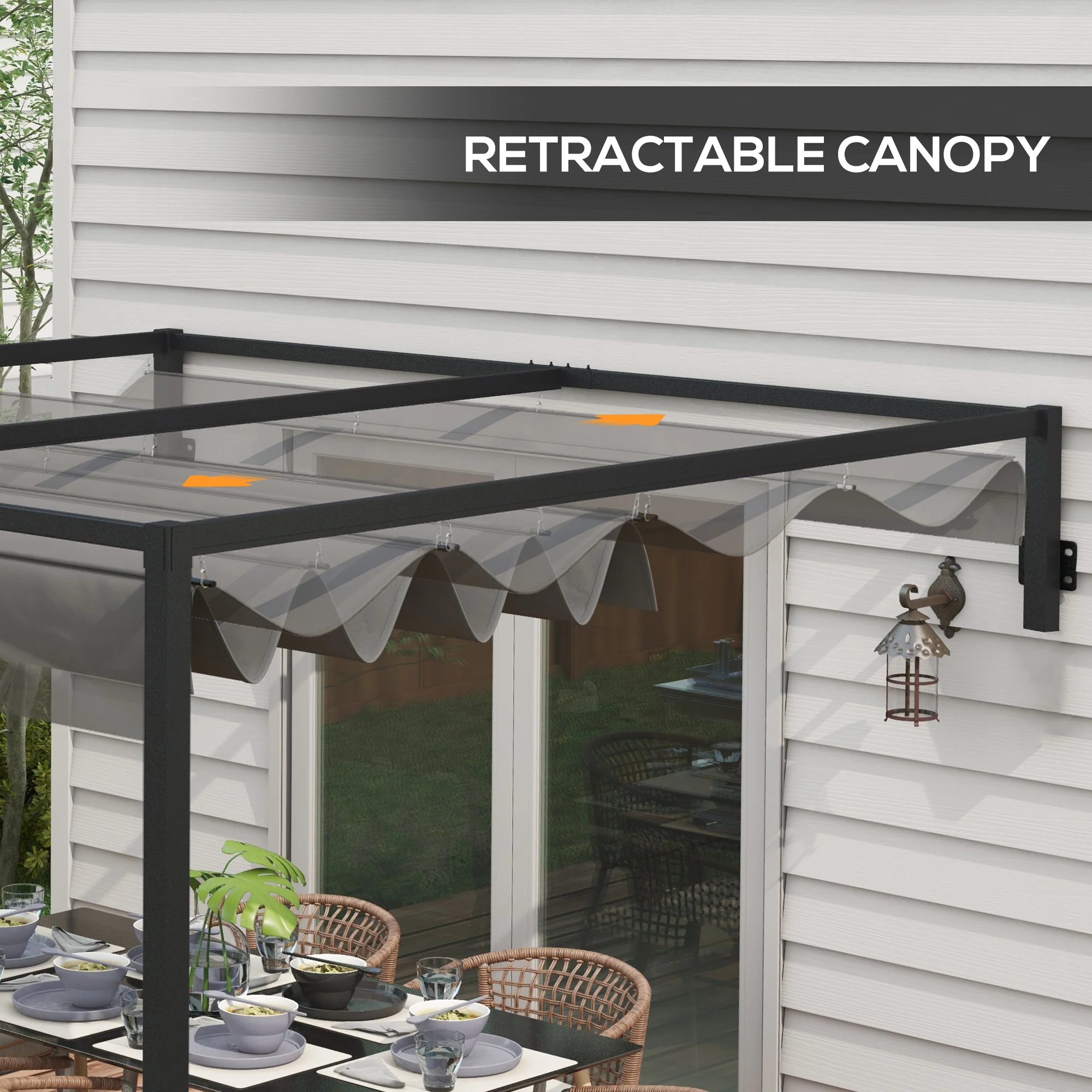 3 x 4m Lean To Pergola with Retractable Roof, Wall Mounted Garden Gazebo, Dark Grey - Image 7