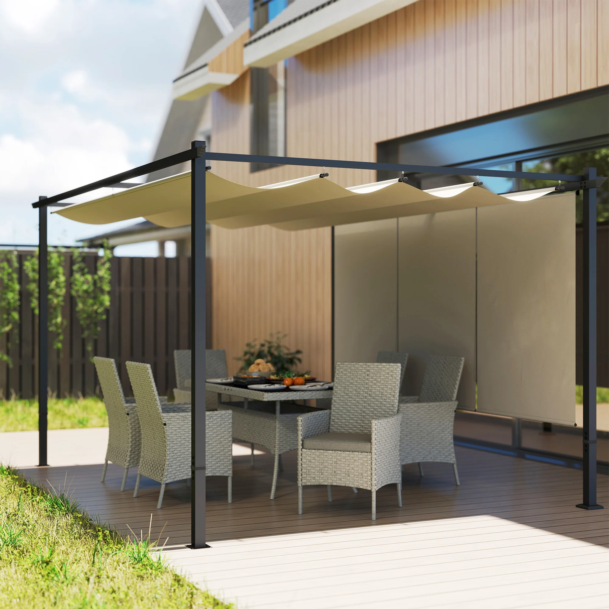 3 x 4m Metal Pergola with Retractable Roof & Roller Shade, Beige - Image 10