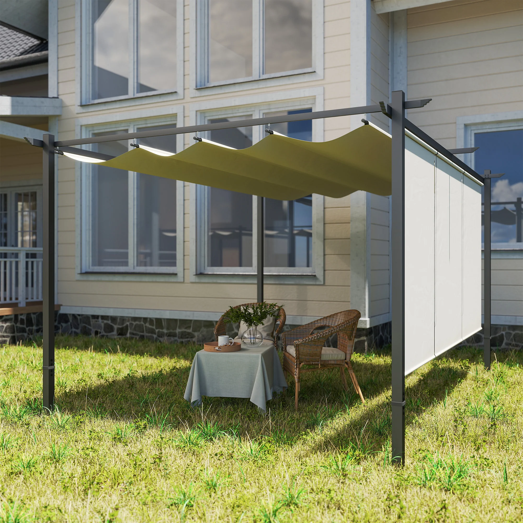 3 x 4m Metal Pergola with Retractable Roof & Roller Shade, Beige - Image 11