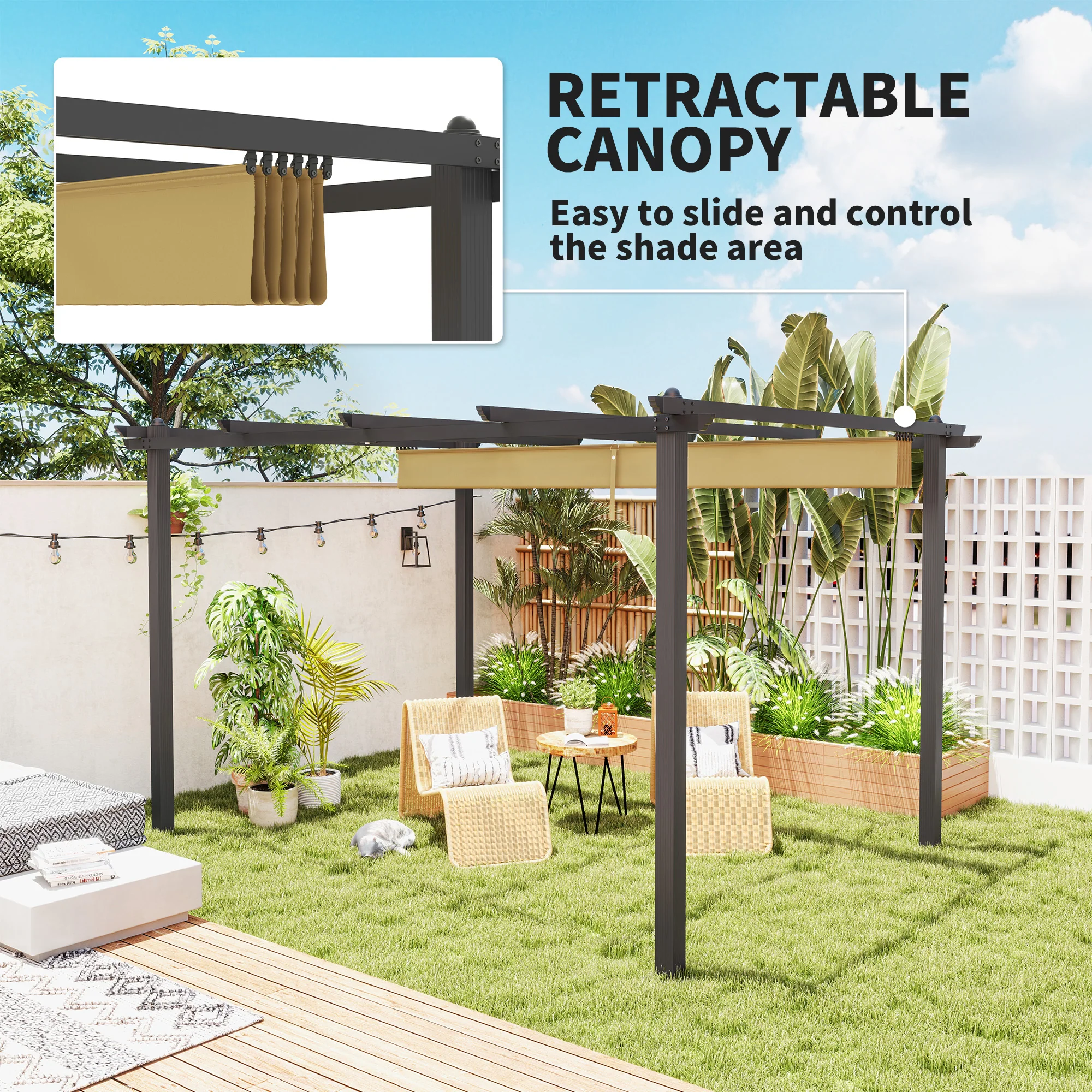 3 x 4m Pergola with Retractable Roof Canopy & Aluminium Frame for Grill, Patio, Deck, Khaki - Image 6