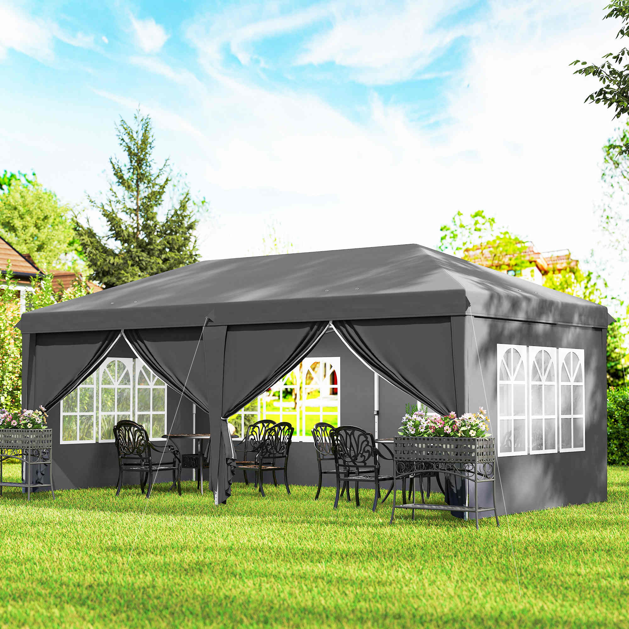3 x 6m Garden Pop Up Gazebo, Wedding Party Tent with Sidewalls, Windows, Carry Bag, Grey - Image 10
