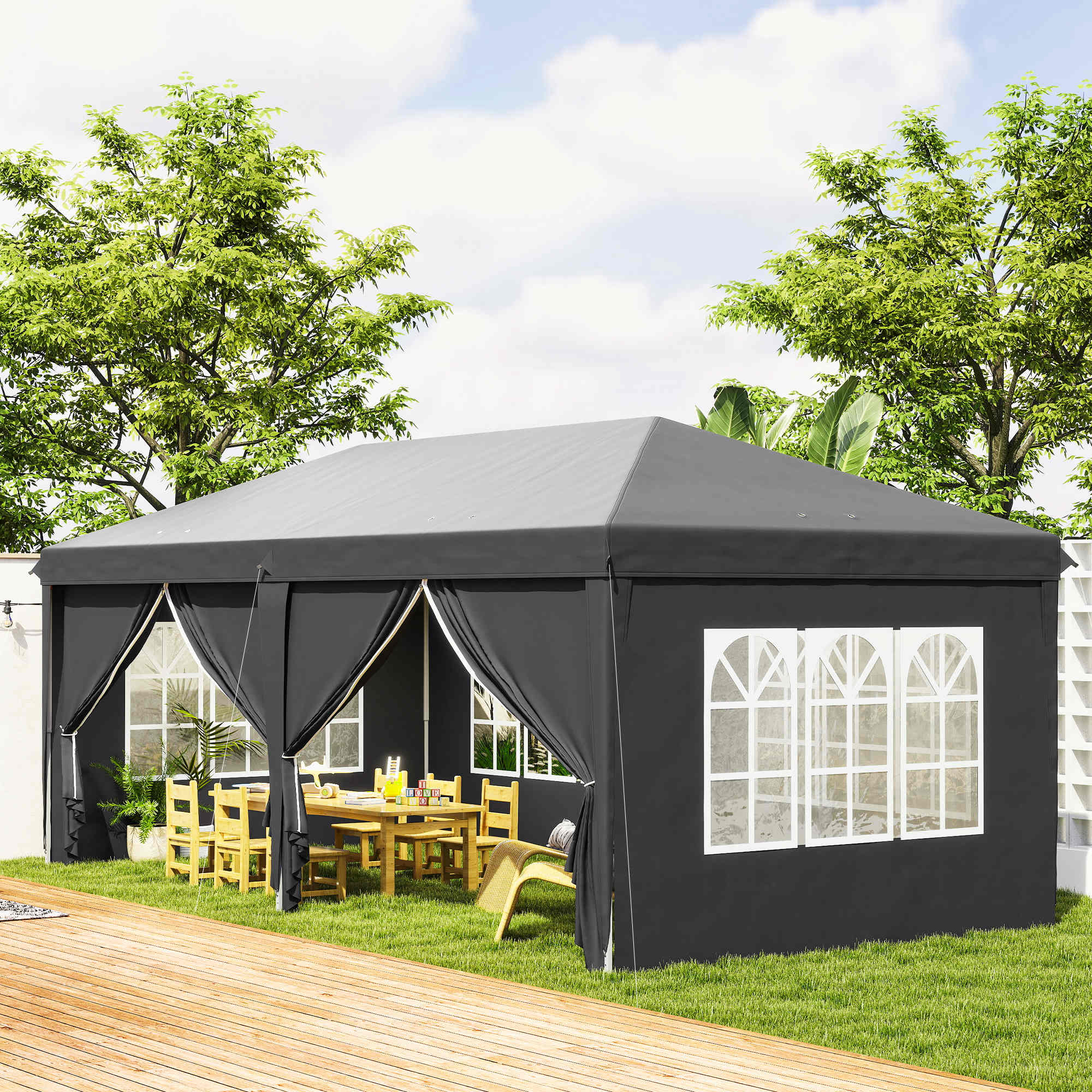 3 x 6m Garden Pop Up Gazebo, Wedding Party Tent with Sidewalls, Windows, Carry Bag, Grey - Image 4