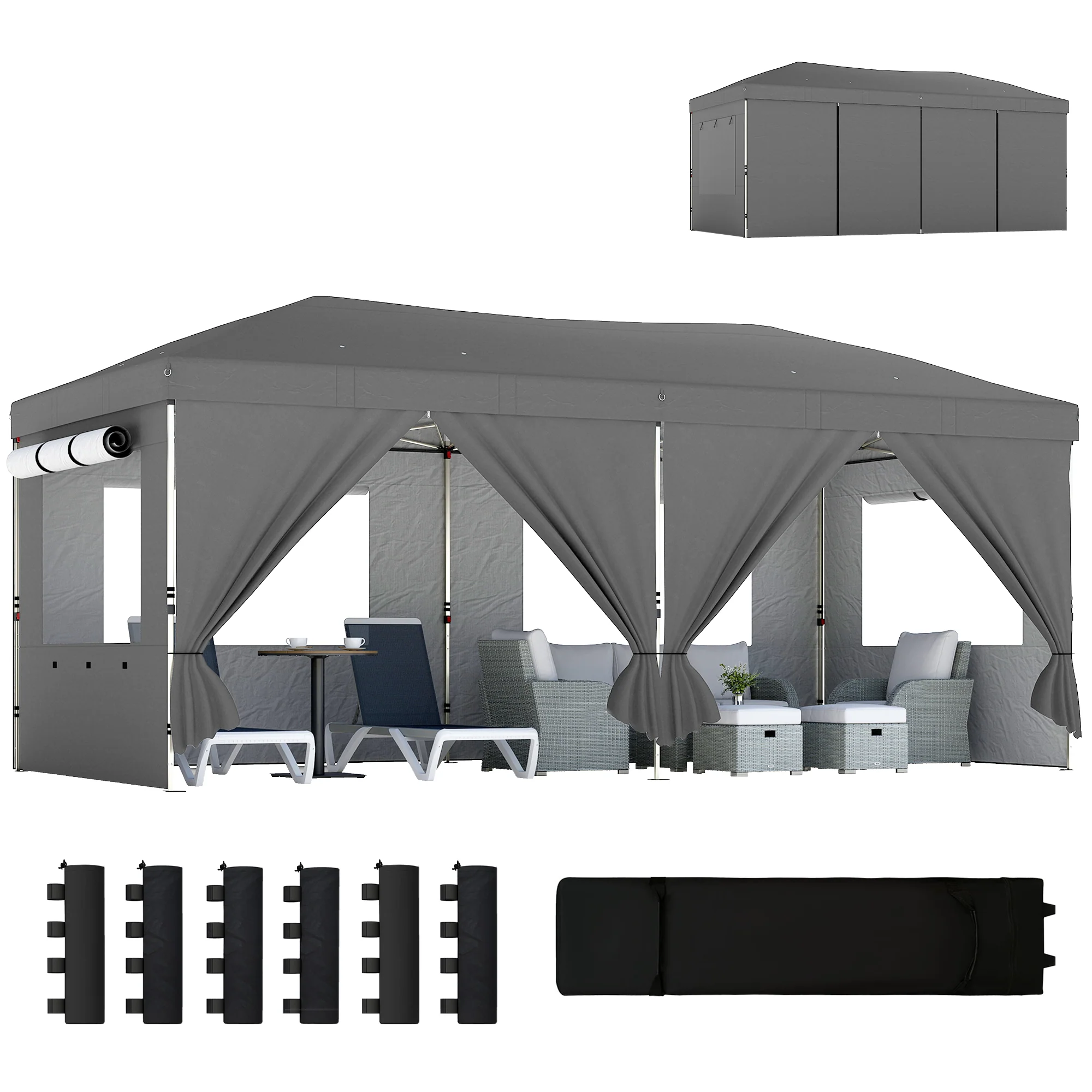 3 x 6 m Pop Up Gazebo with 6 Sidewalls, Wheeled Bag & Sandbags, Dark Grey