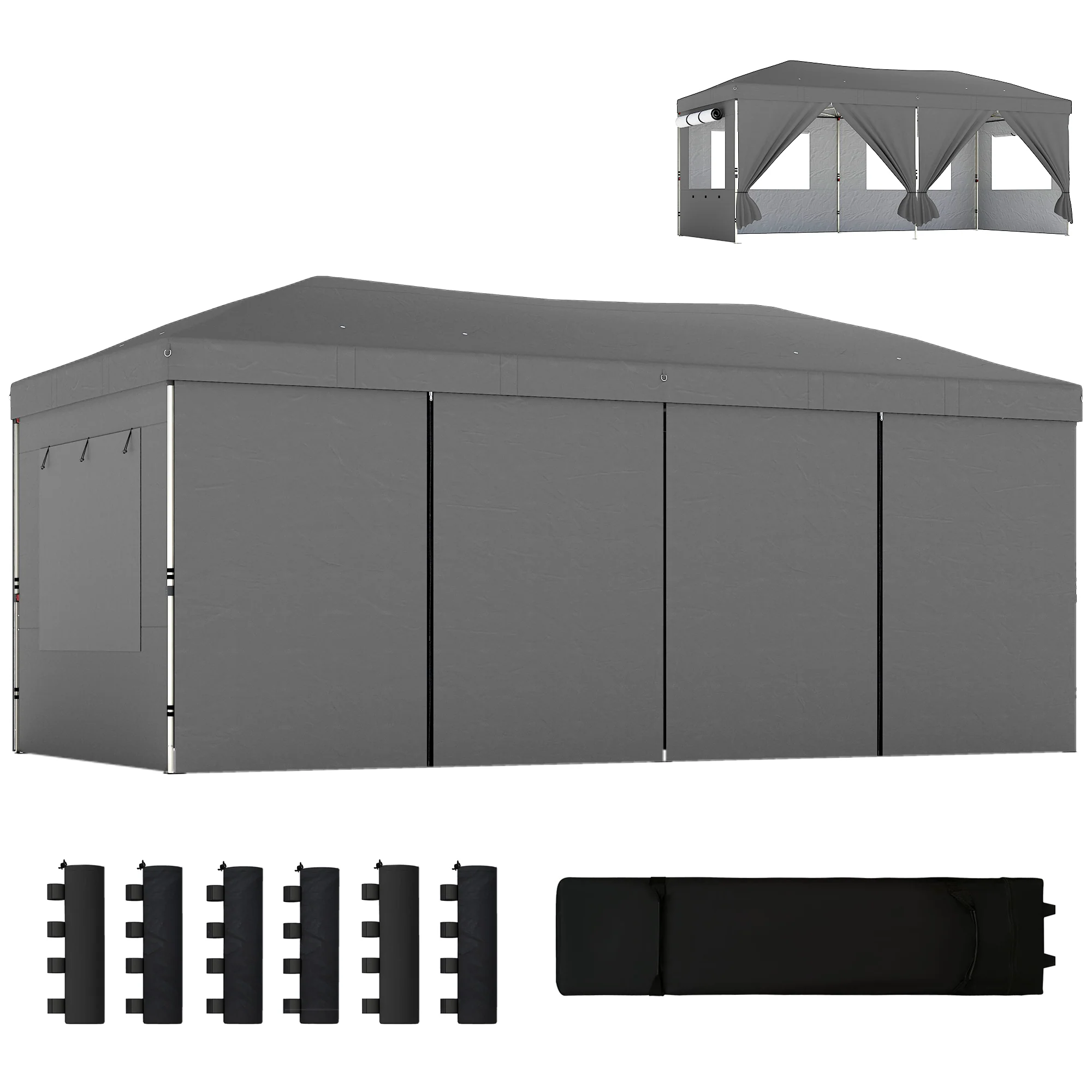 3 x 6 m Pop Up Gazebo with 6 Sidewalls, Wheeled Bag & Sandbags, Dark Grey - Image 2