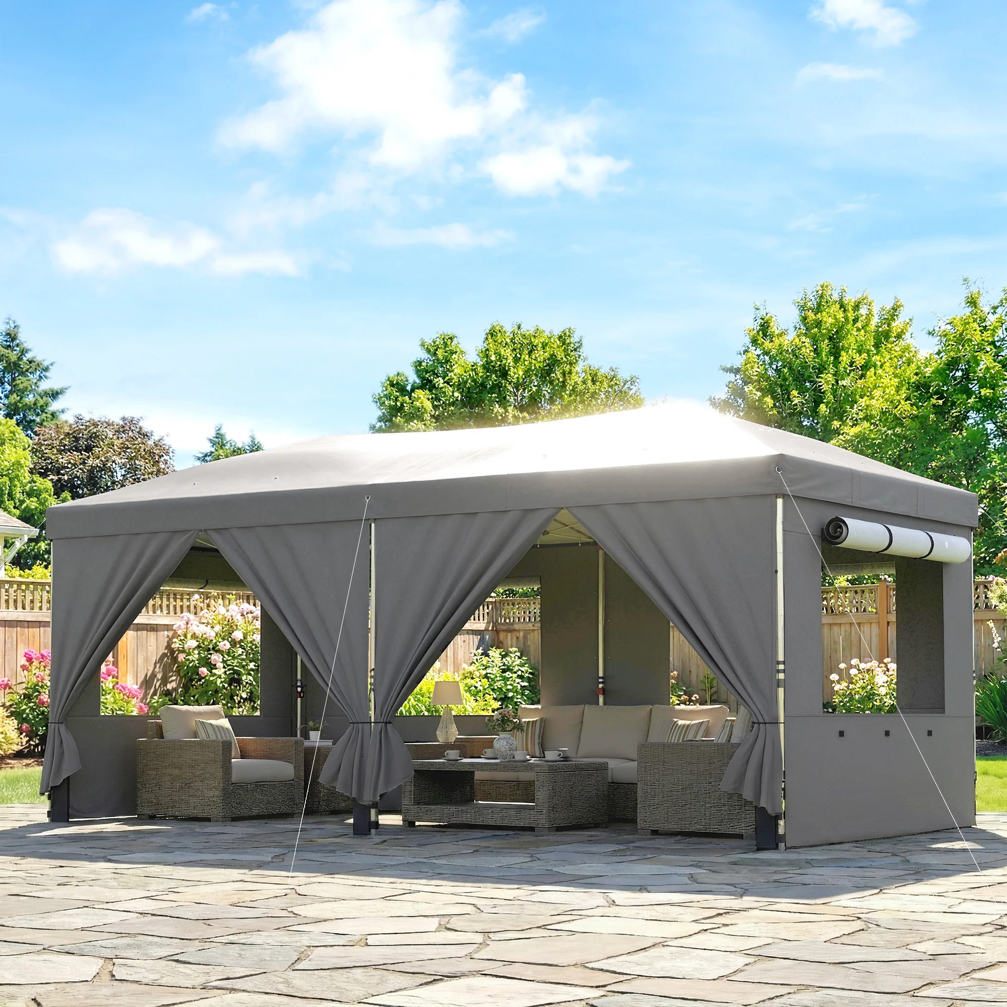 3 x 6 m Pop Up Gazebo with 6 Sidewalls, Wheeled Bag & Sandbags, Dark Grey - Image 4