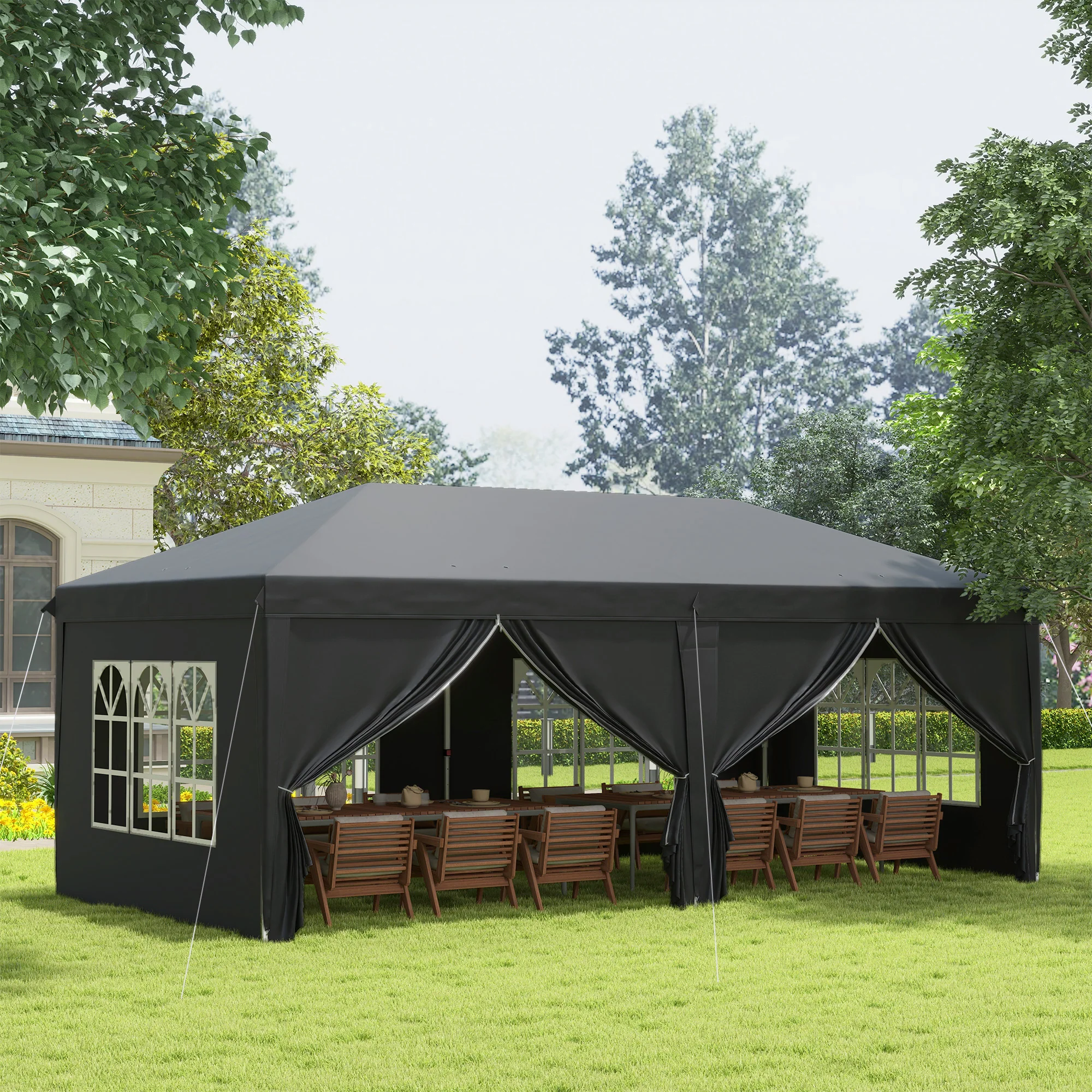 3 x 6m Garden Pop Up Gazebo, Wedding Party Tent with Sidewalls, Windows, Carry Bag, Black - Image 3