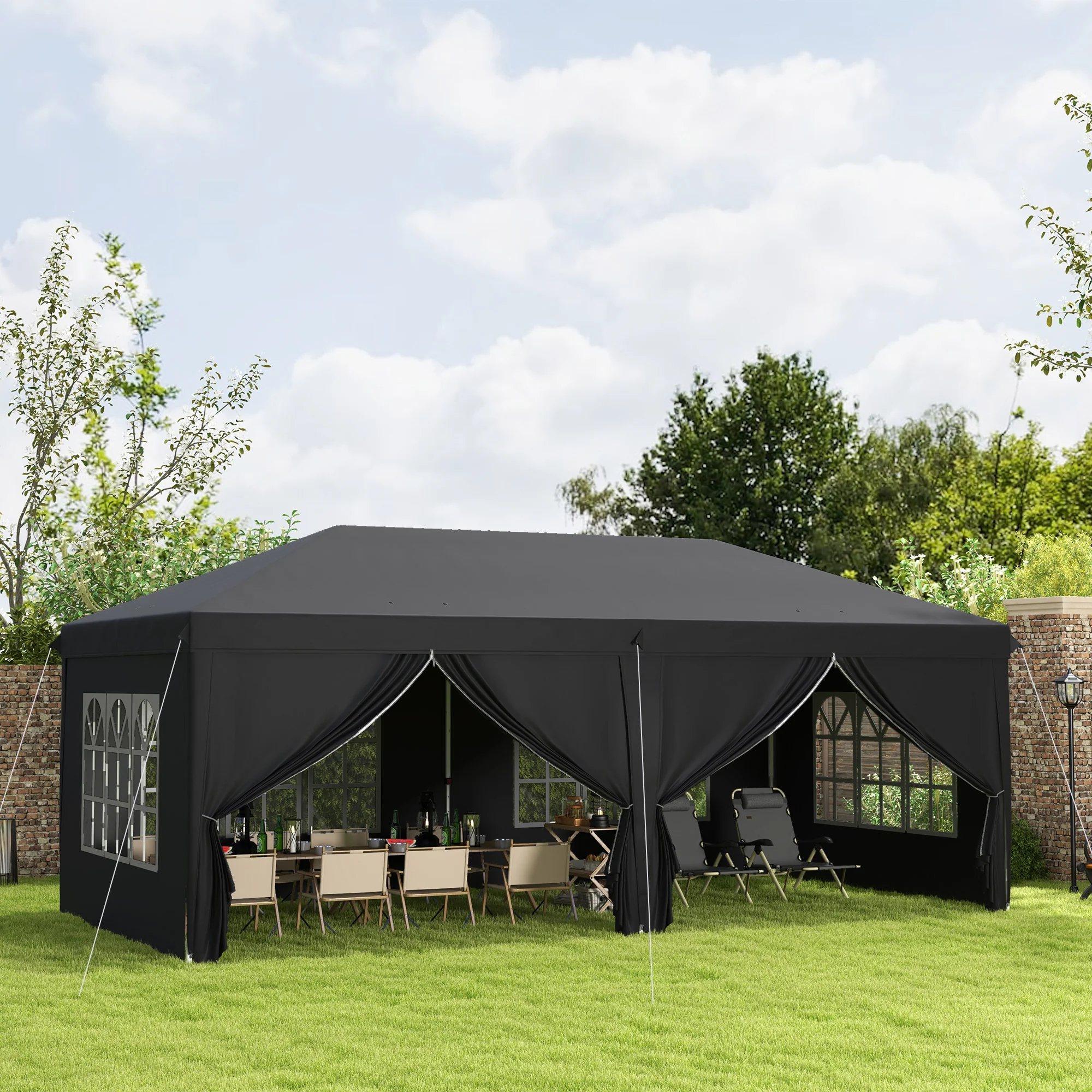 3 x 6m Garden Pop Up Gazebo, Wedding Party Tent with Sidewalls, Windows, Carry Bag, Black - Image 4