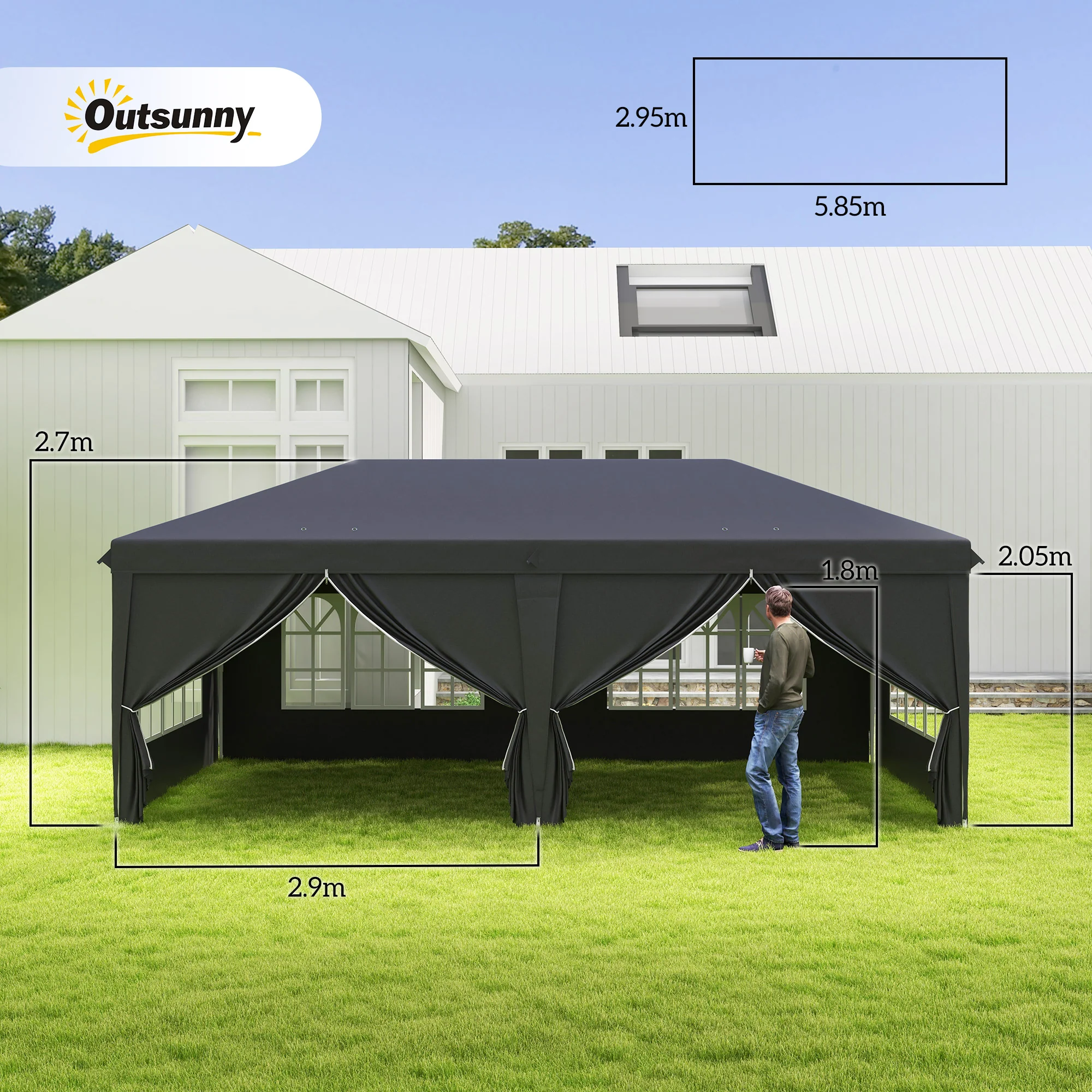 3 x 6m Garden Pop Up Gazebo, Wedding Party Tent with Sidewalls, Windows, Carry Bag, Black - Image 5