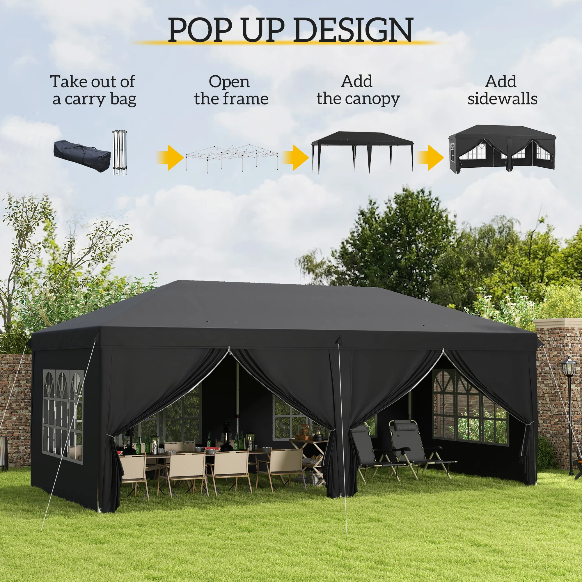 3 x 6m Garden Pop Up Gazebo, Wedding Party Tent with Sidewalls, Windows, Carry Bag, Black - Image 6