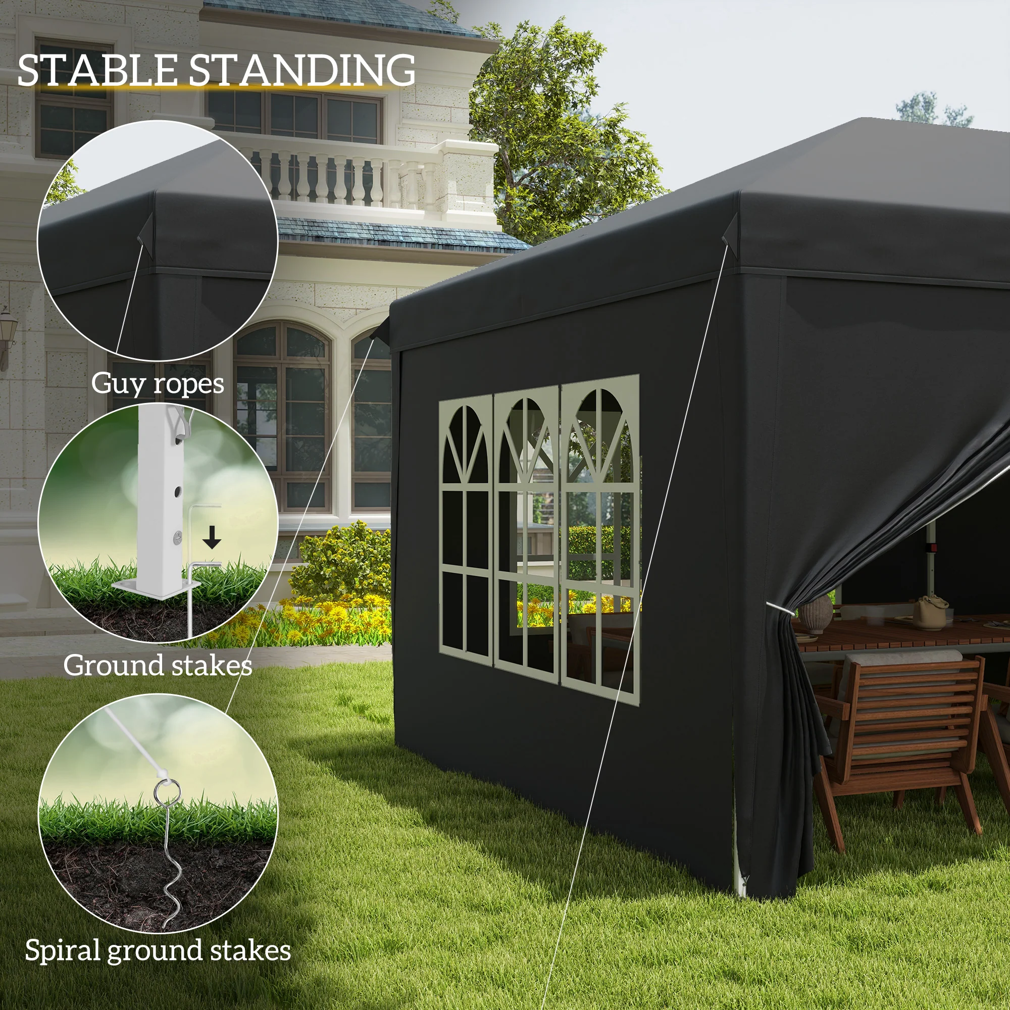 3 x 6m Garden Pop Up Gazebo, Wedding Party Tent with Sidewalls, Windows, Carry Bag, Black - Image 8