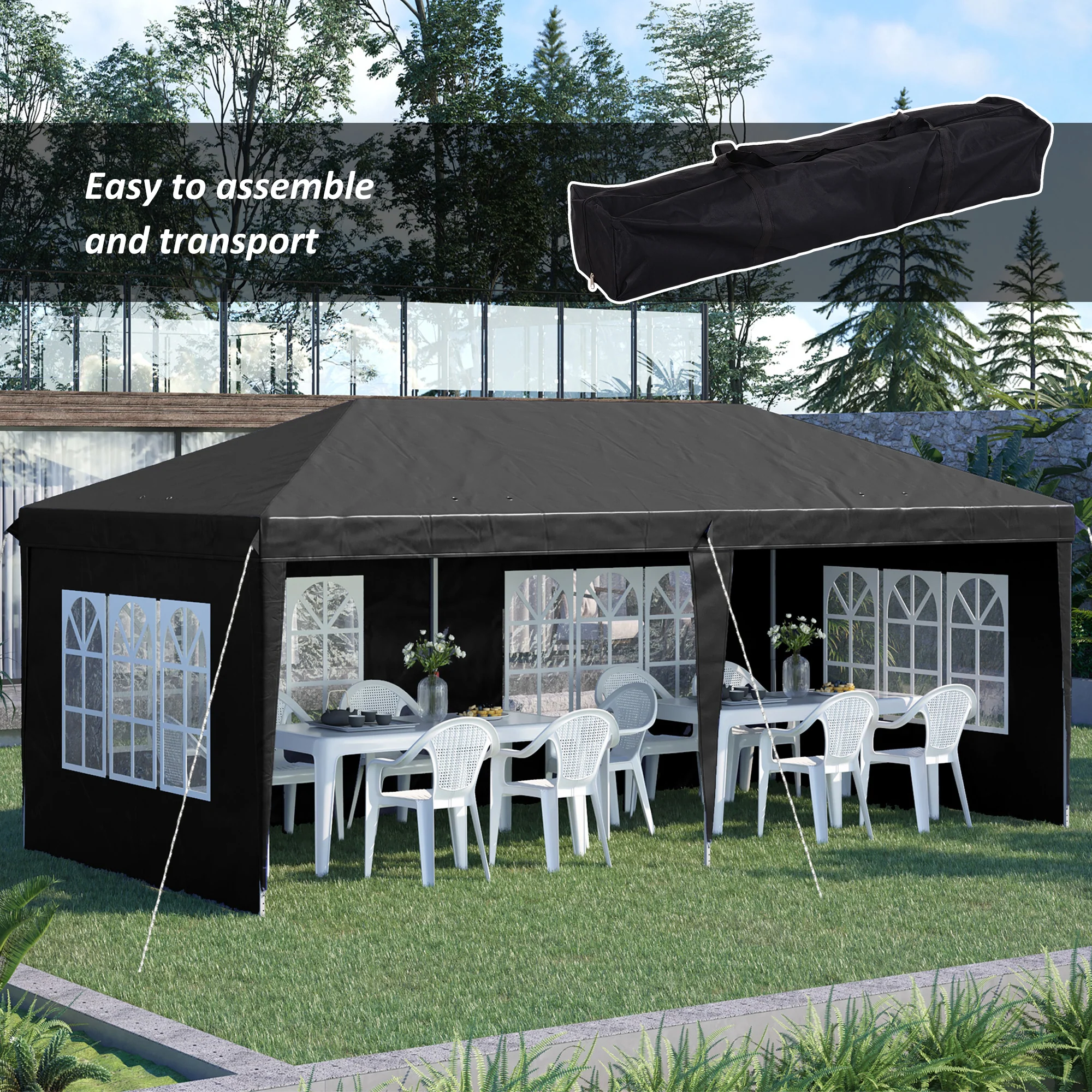 3 x 6m Garden Pop Up Gazebo, Height Adjustable Party Tent w/ Sidewalls & Storage Bag, Black - Image 6