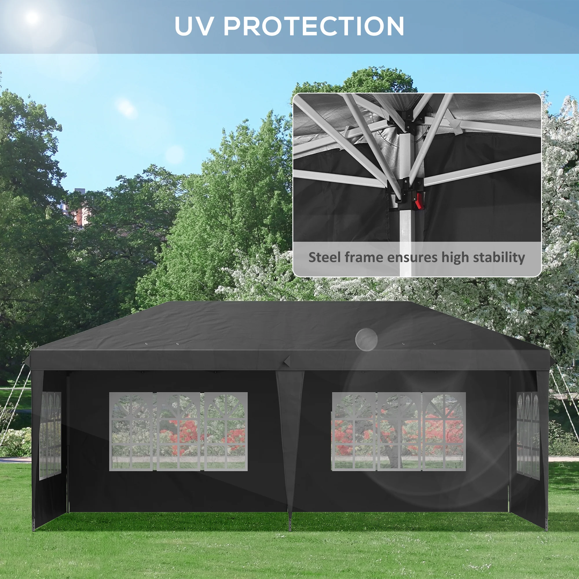 3 x 6m Garden Pop Up Gazebo, Height Adjustable Party Tent w/ Sidewalls & Storage Bag, Black - Image 9