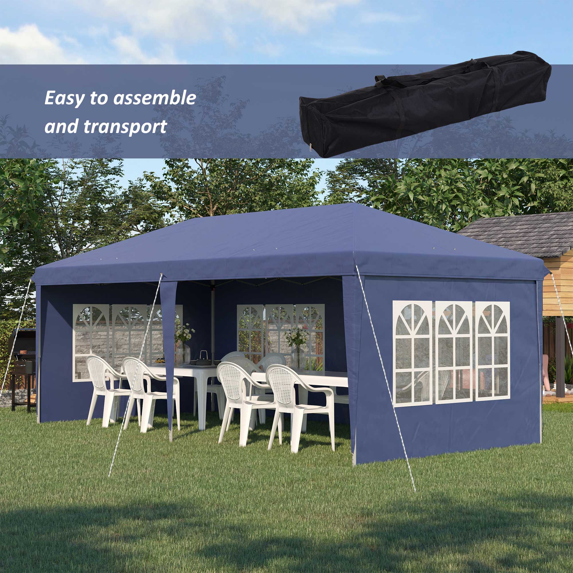 3 x 6m Garden Pop Up Gazebo, Height Adjustable Party Tent w/ Sidewalls & Storage Bag, Blue - Image 6