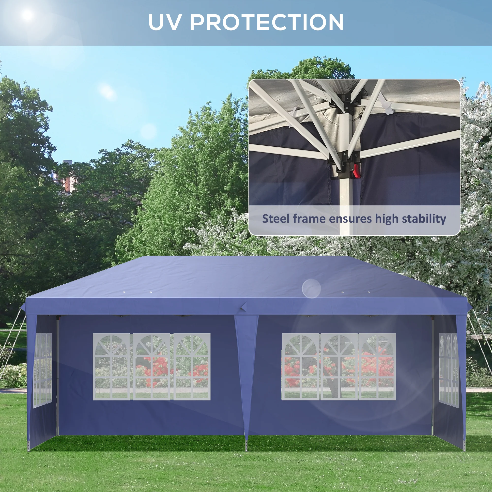 3 x 6m Garden Pop Up Gazebo, Height Adjustable Party Tent w/ Sidewalls & Storage Bag, Blue - Image 9