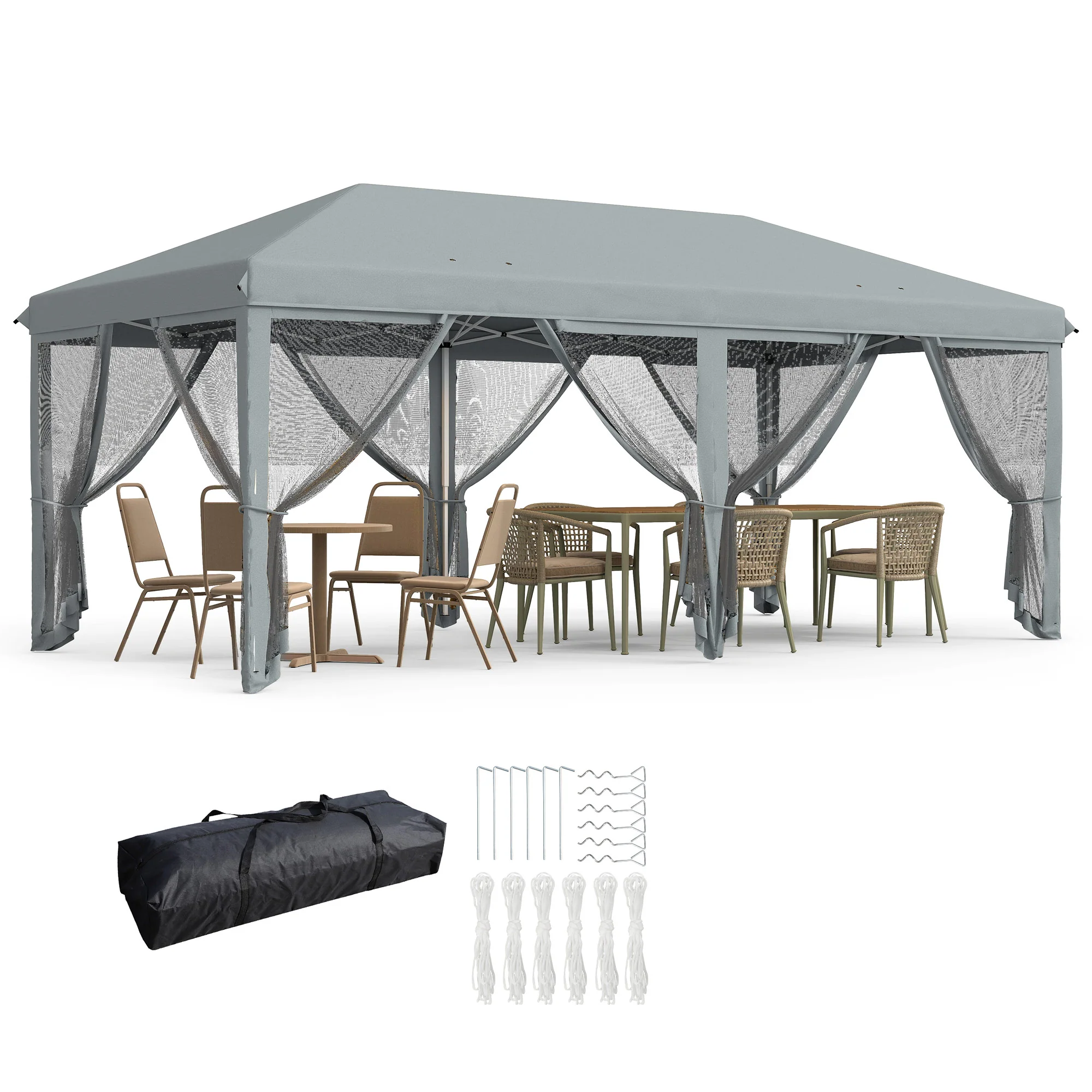 3 x 6m Pop Up Gazebo, Marquee Party Wedding Tent with 6 Mesh Walls & Carry Bag, Grey