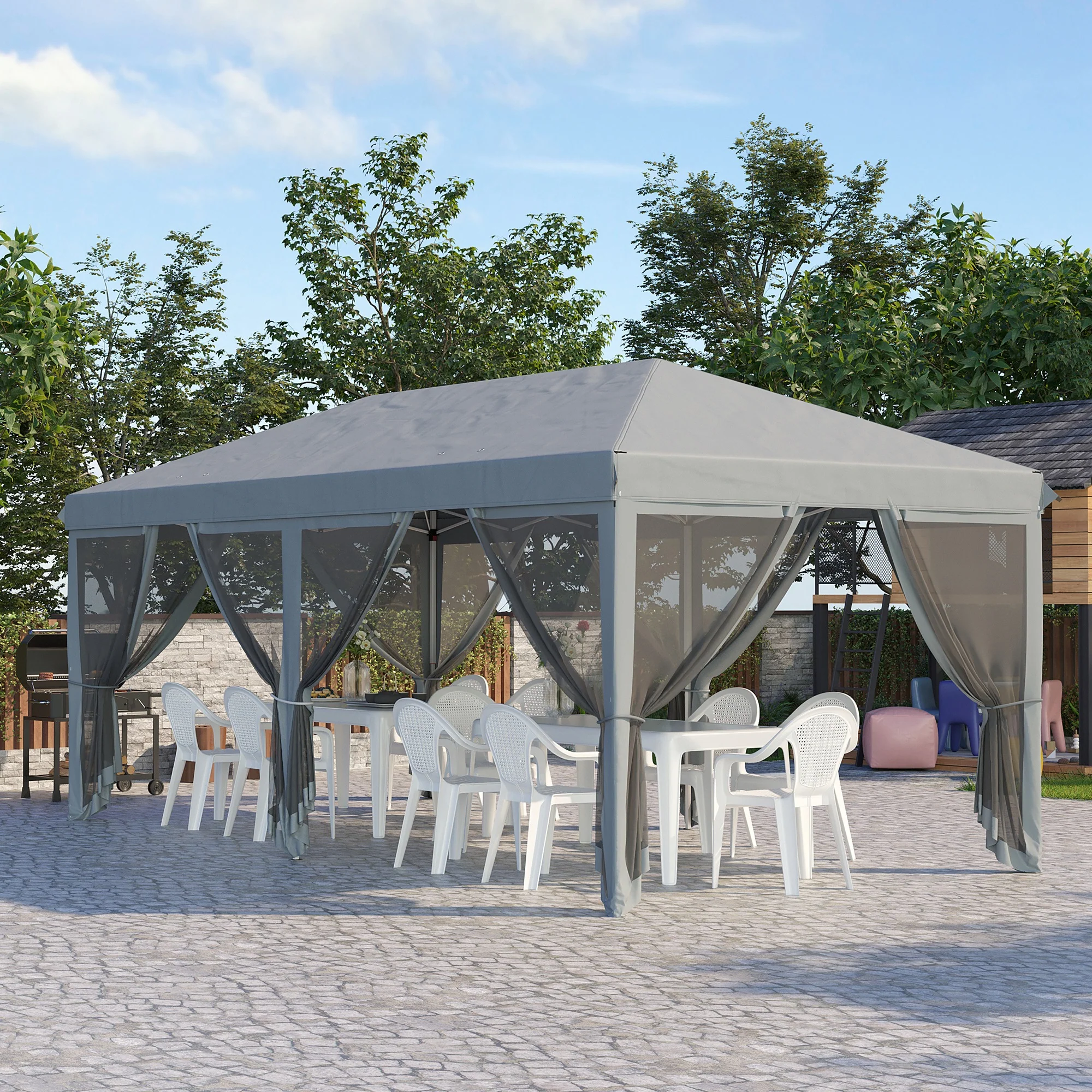 3 x 6m Pop Up Gazebo, Marquee Party Wedding Tent with 6 Mesh Walls & Carry Bag, Grey - Image 3