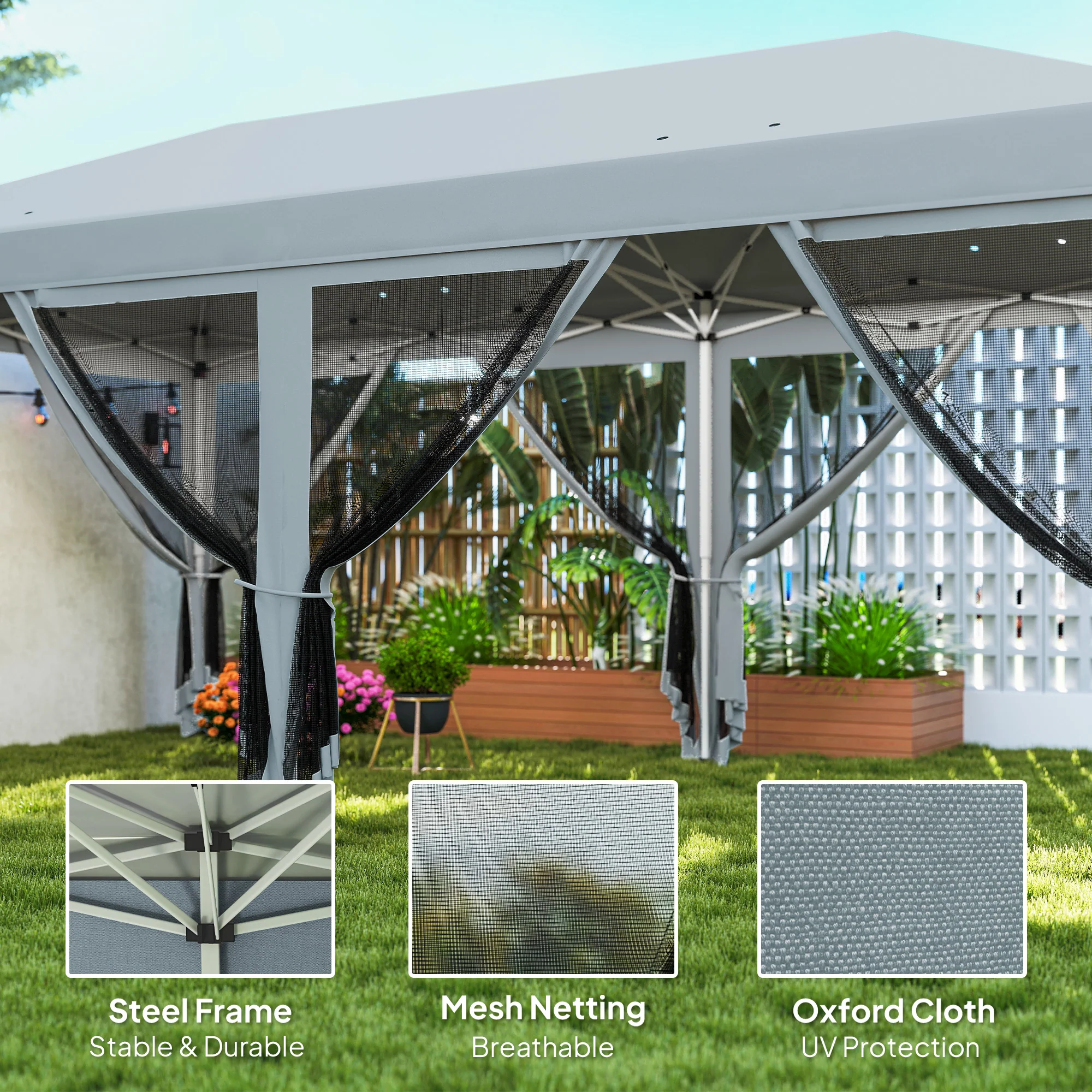 3 x 6m Pop Up Gazebo, Marquee Party Wedding Tent with 6 Mesh Walls & Carry Bag, Grey - Image 6