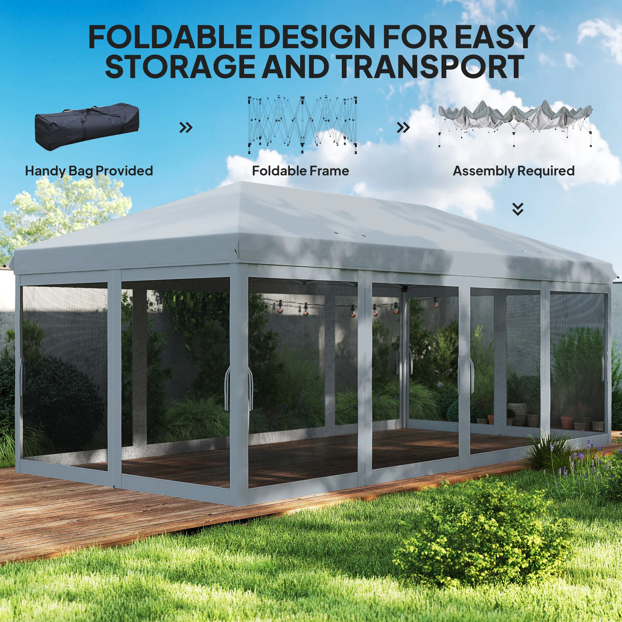 3 x 6m Pop Up Gazebo, Marquee Party Wedding Tent with 6 Mesh Walls & Carry Bag, Grey - Image 7