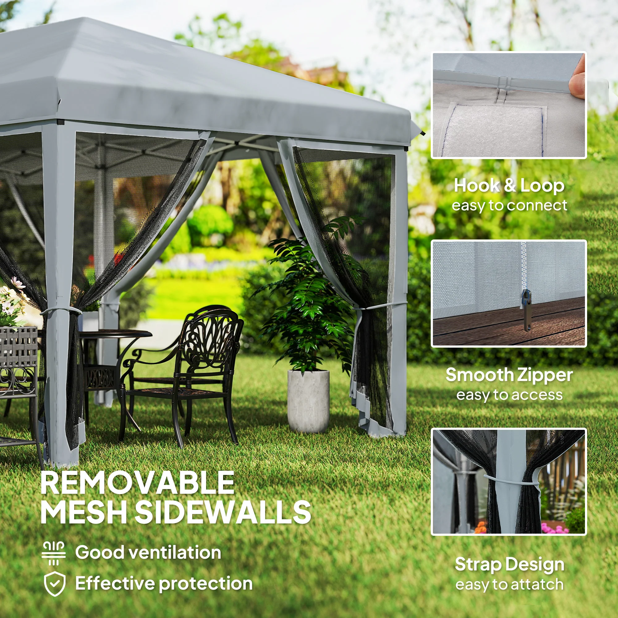 3 x 6m Pop Up Gazebo, Marquee Party Wedding Tent with 6 Mesh Walls & Carry Bag, Grey - Image 8