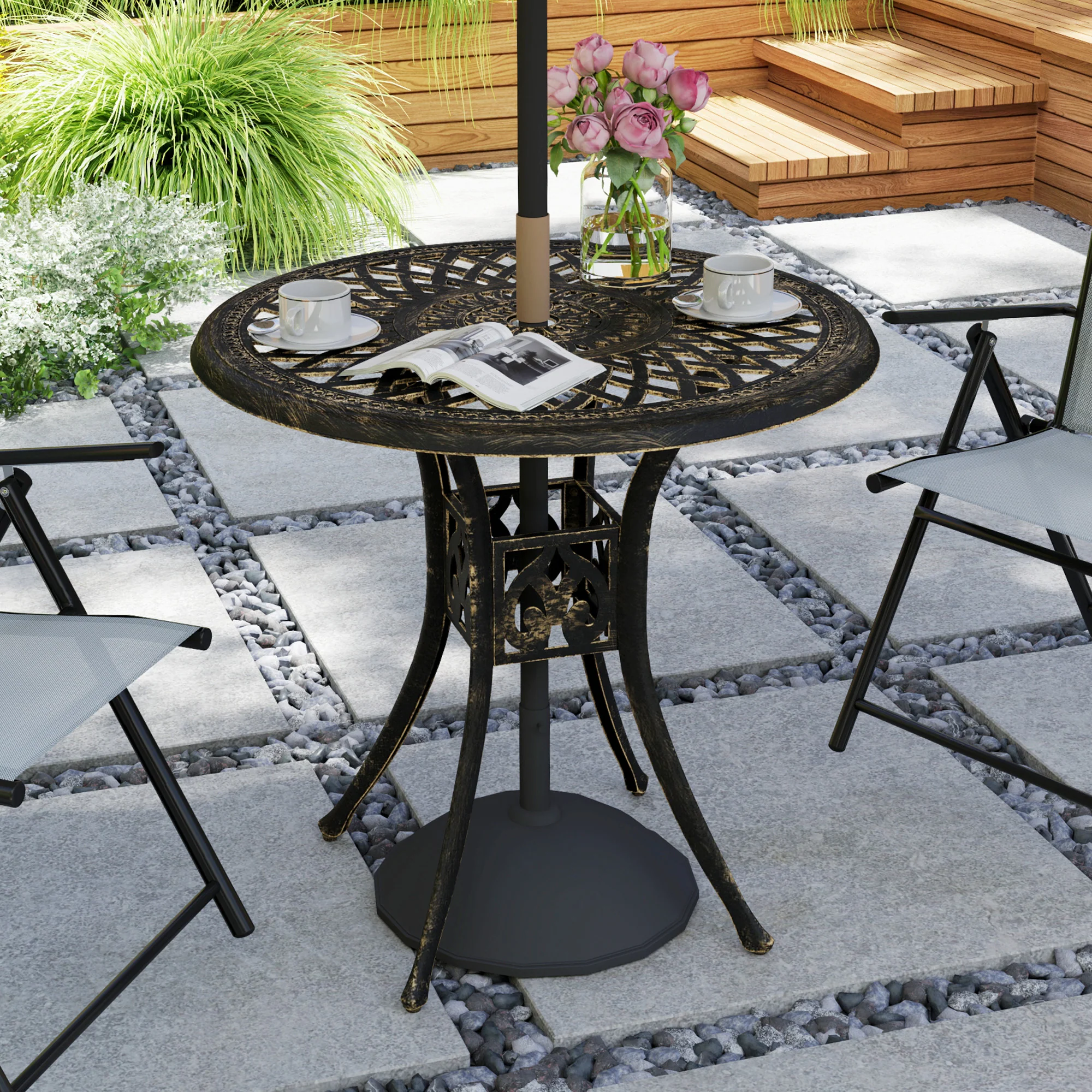 30-inch Round Patio Dining Table with Umbrella Hole Cast Aluminium Outdoor Bistro Table Only, Brown - Image 3
