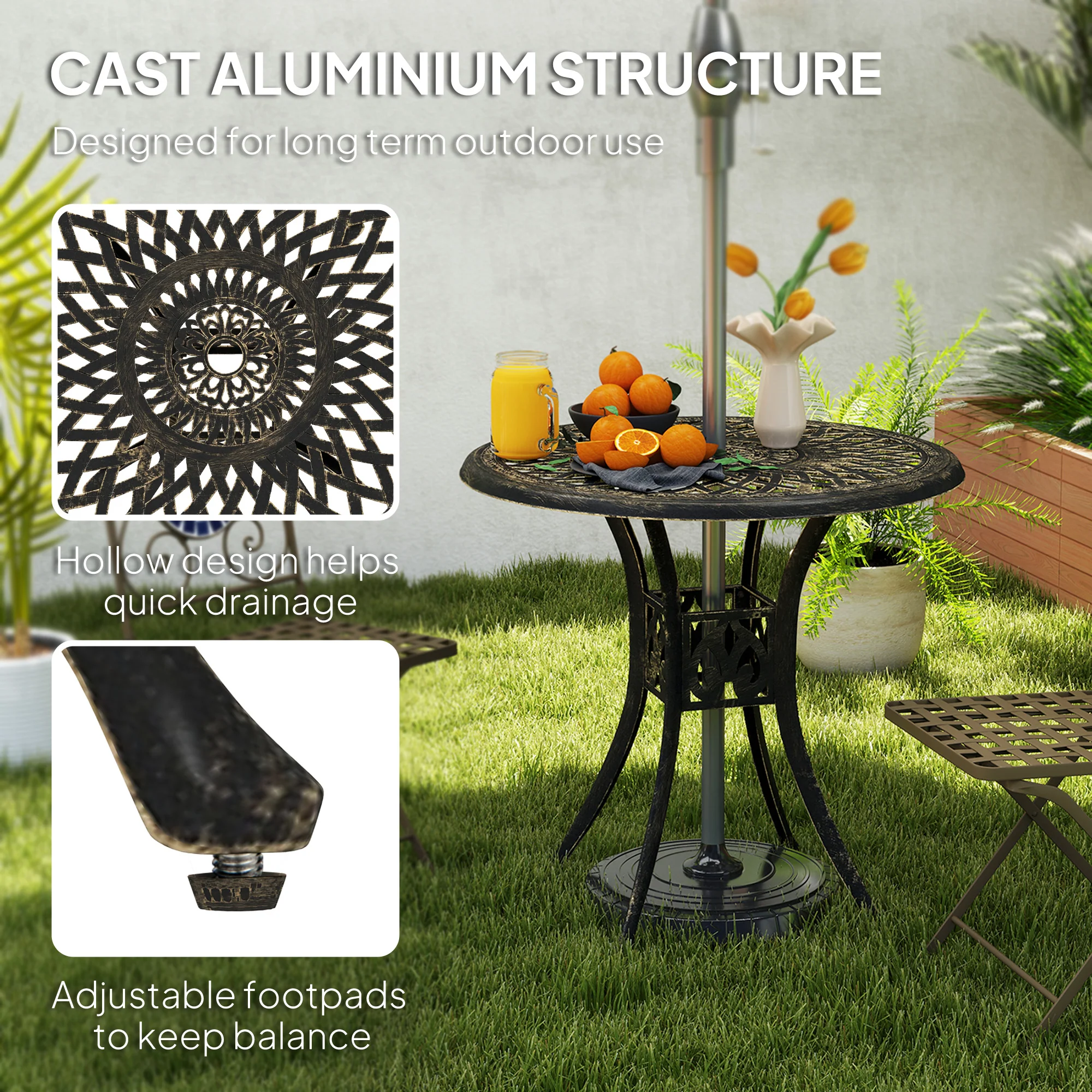 30-inch Round Patio Dining Table with Umbrella Hole Cast Aluminium Outdoor Bistro Table Only, Brown - Image 6