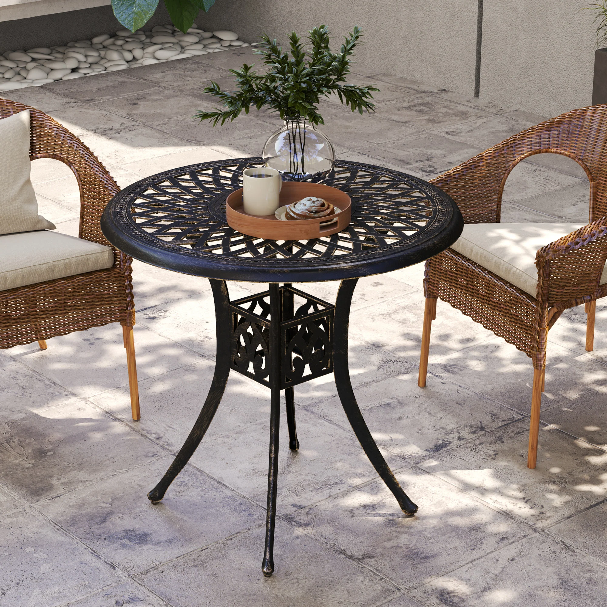 30-inch Round Patio Dining Table with Umbrella Hole Cast Aluminium Outdoor Bistro Table Only, Brown - Image 8