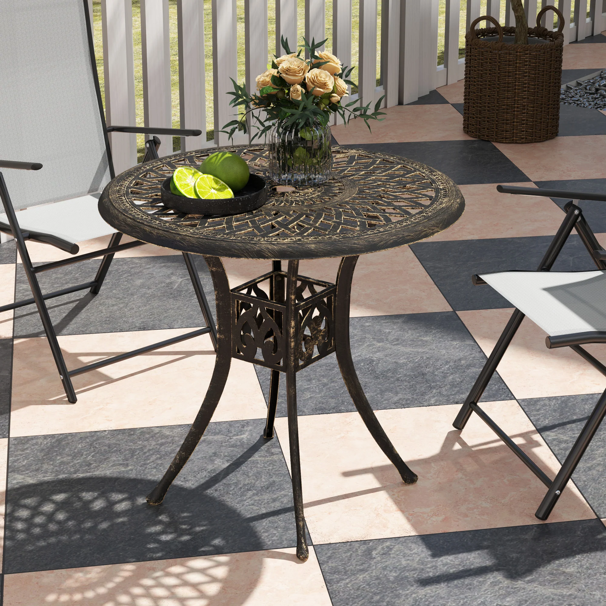 30-inch Round Patio Dining Table with Umbrella Hole Cast Aluminium Outdoor Bistro Table Only, Brown - Image 9