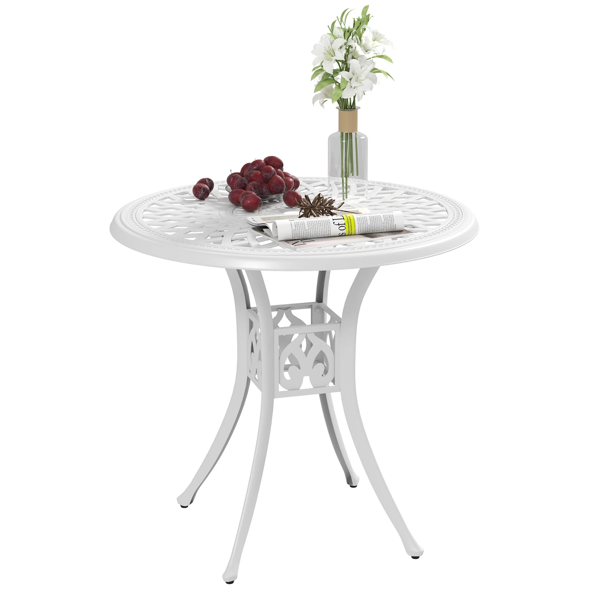 30-inch Round Patio Dining Table with Umbrella Hole Cast Aluminium Outdoor Bistro Table Only, White