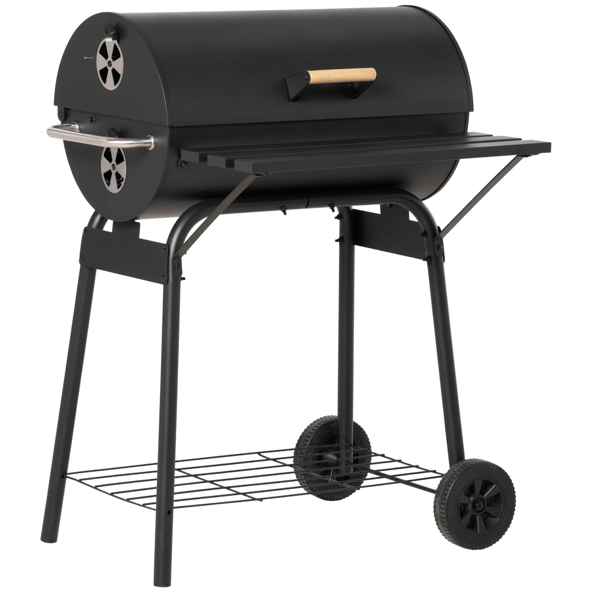 30" Barrel Charcoal Grill with 370 sq.in Cooking Space, Storage Shelf and Wheels, Black